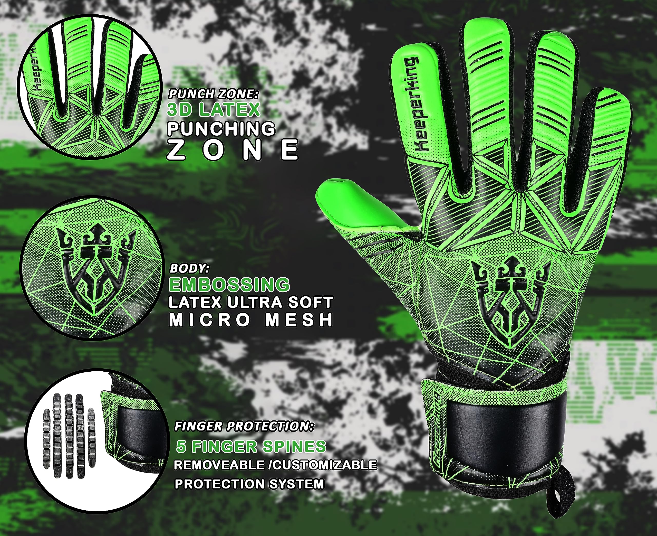 Keeperking - Guanti da portiere per adulti, bambini e adolescenti, con e senza protezione per le dita rimovibile, da 4 mm, unisex,