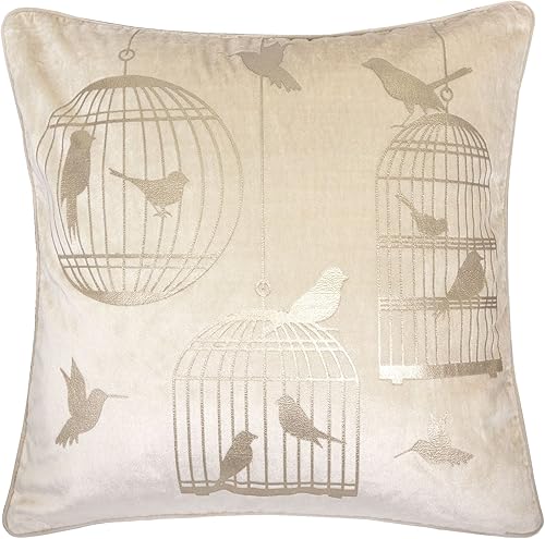 Homey COZY Funda de almohada decorativa de terciopelo con apliques de papel de aluminio, color marfil, serie dorada, estilo vintage, pájaro vintage,