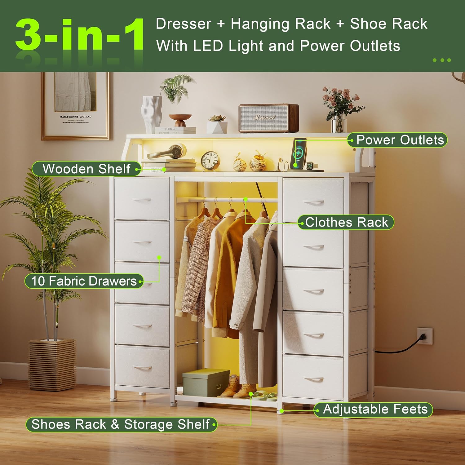 YOSHOOT 51" Dresser with Hanging Rack - Closet Dresser for Bedroom with LED Lights, Chest of Drawers with 10 Fabric Drawers & 2 Open Shelf, White