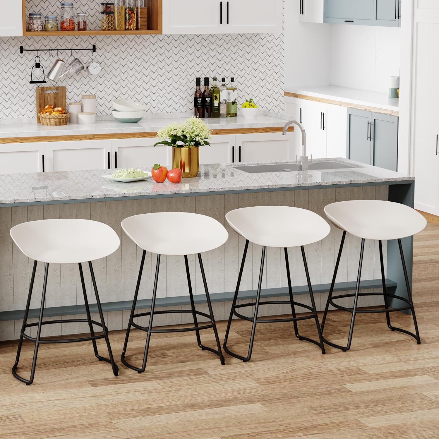 WENTMENT Bar Stools Set of 4 Swivel Bar Chairs Counter Height Bar Stools 26" Counter Stools with Plastic Seat Modern Bar Stools for Kitchen Island with Metal Leg, White