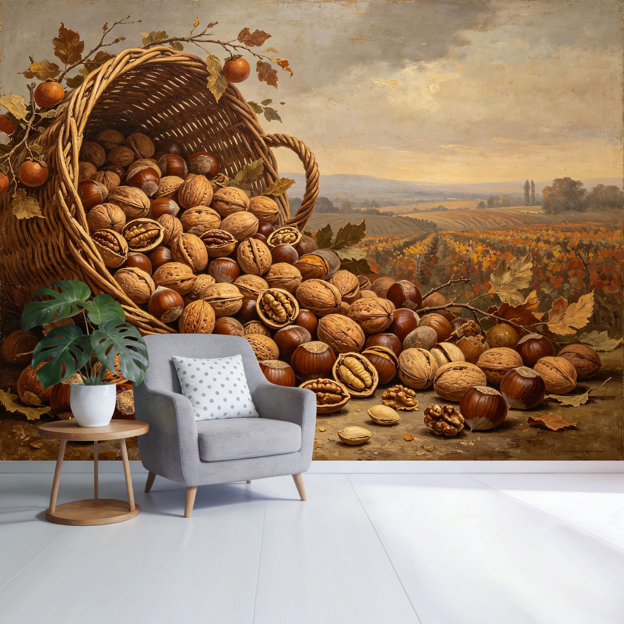 Custom Size Wall Mural Autumn Harvest Basket Nuts and Vineyard Landscape Oil Painting Style SelfAdhesive Wall Fabric Removable Wallpaper for Home Office Decor