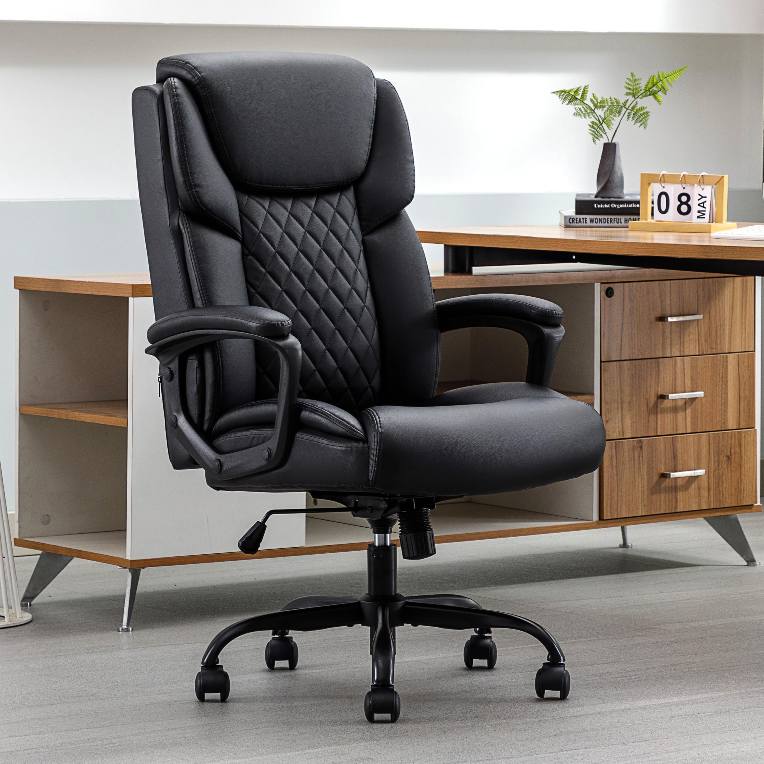 DYHOMEOffice Chair High Back Black Leather Executive Ergonomic Lumbar Support, Big and Tall Comfortable Home Office Computer Desk Chair Metal Base Modern Managerial Chair