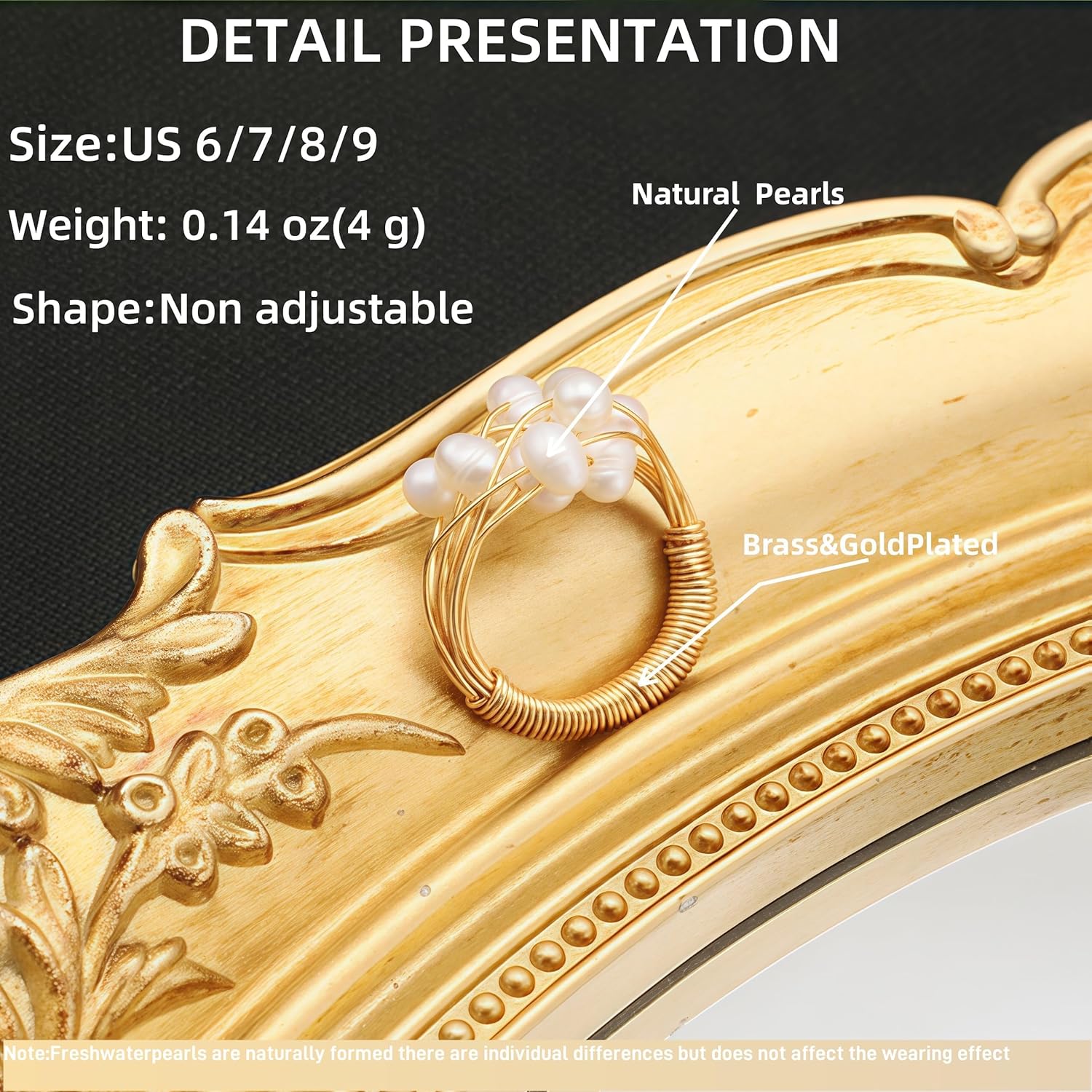 18K Gold Pearl Rings for Women Dainty Natural Freshwater Pearl Ring Gold Statement Rings Minimalist Vintage Adjustable Rings Golden Peal Engagement Ring Party Ring Pearl Jewelry for Mom Wife Lovers - Image 3