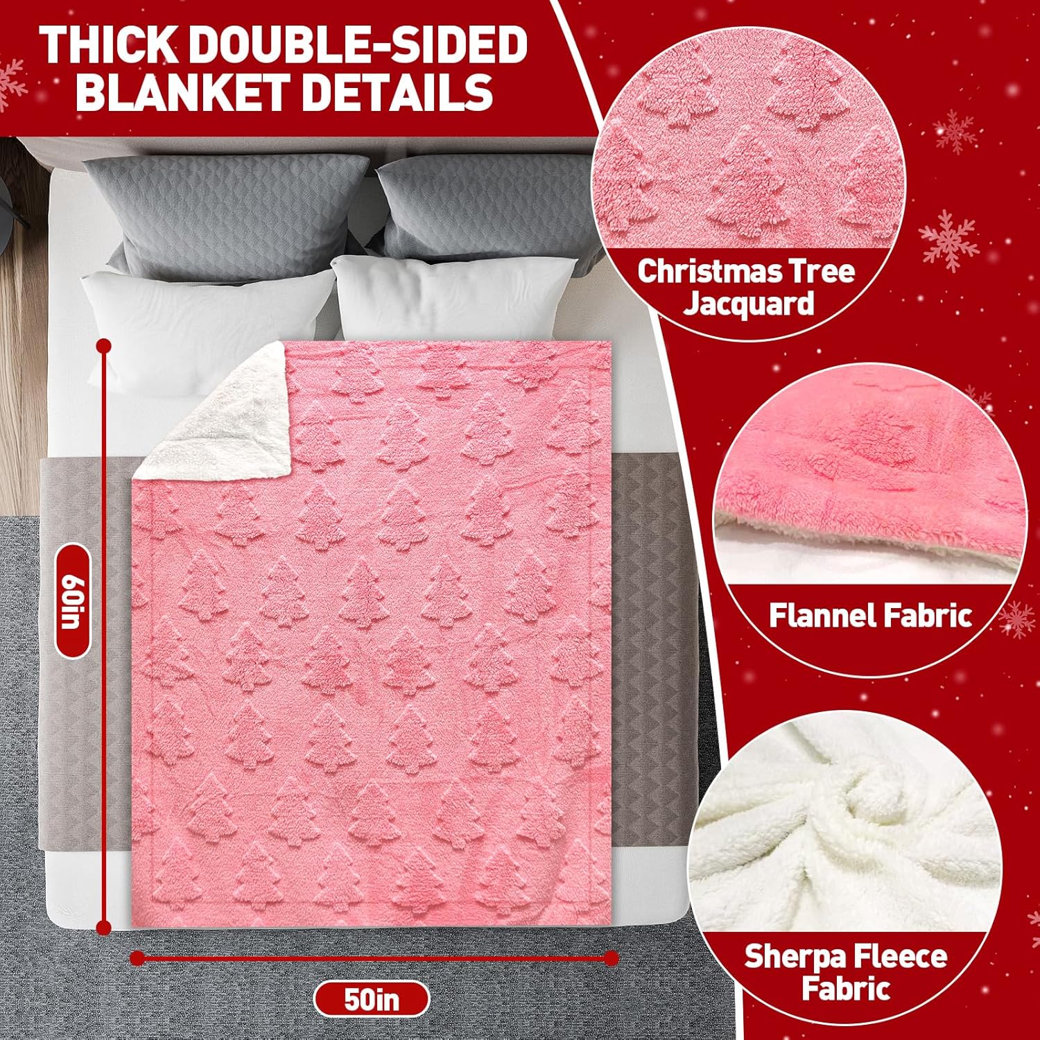 50x60 Inches Sherpa Christmas Blanket for Holiday Home Decor, Pink Xmas Tree Jacquard Soft Flannel Fleece Throw Blanket for Bed Couch Sofa, Christmas Decor Gifts for Women Men Teen Family Friends - Image 6