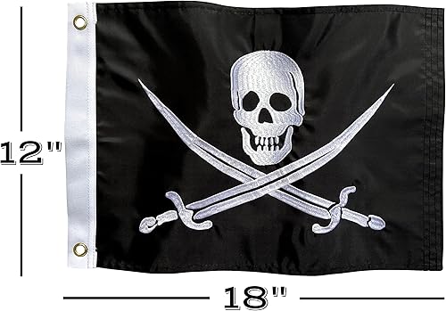 Miniatura 6 de Bandera pirata  Cartel Jolly Roger de nailon para exteriores de 12 x 18 pulgadas con calavera bordada y espadas, ojales de latón y cabecera de lona