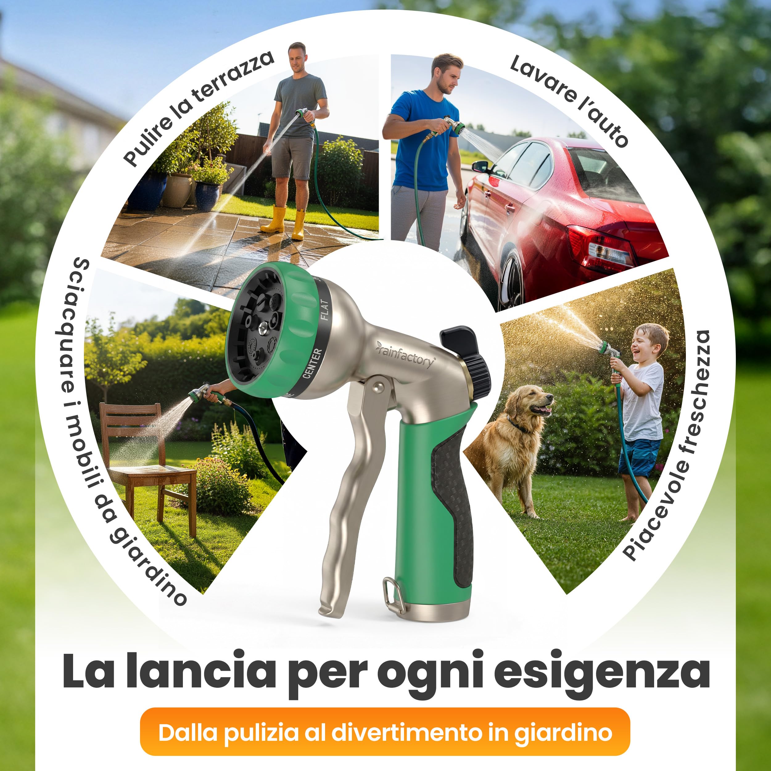 rainfactory Pistolet Tuyau d'Arrosage Métal 7 Jets Haute Pression – Pommeau Arrosage Jardin avec Régulation de Débit – Douchette Jardin Robuste pour Arrosage, Nettoyage et Lavage Auto
