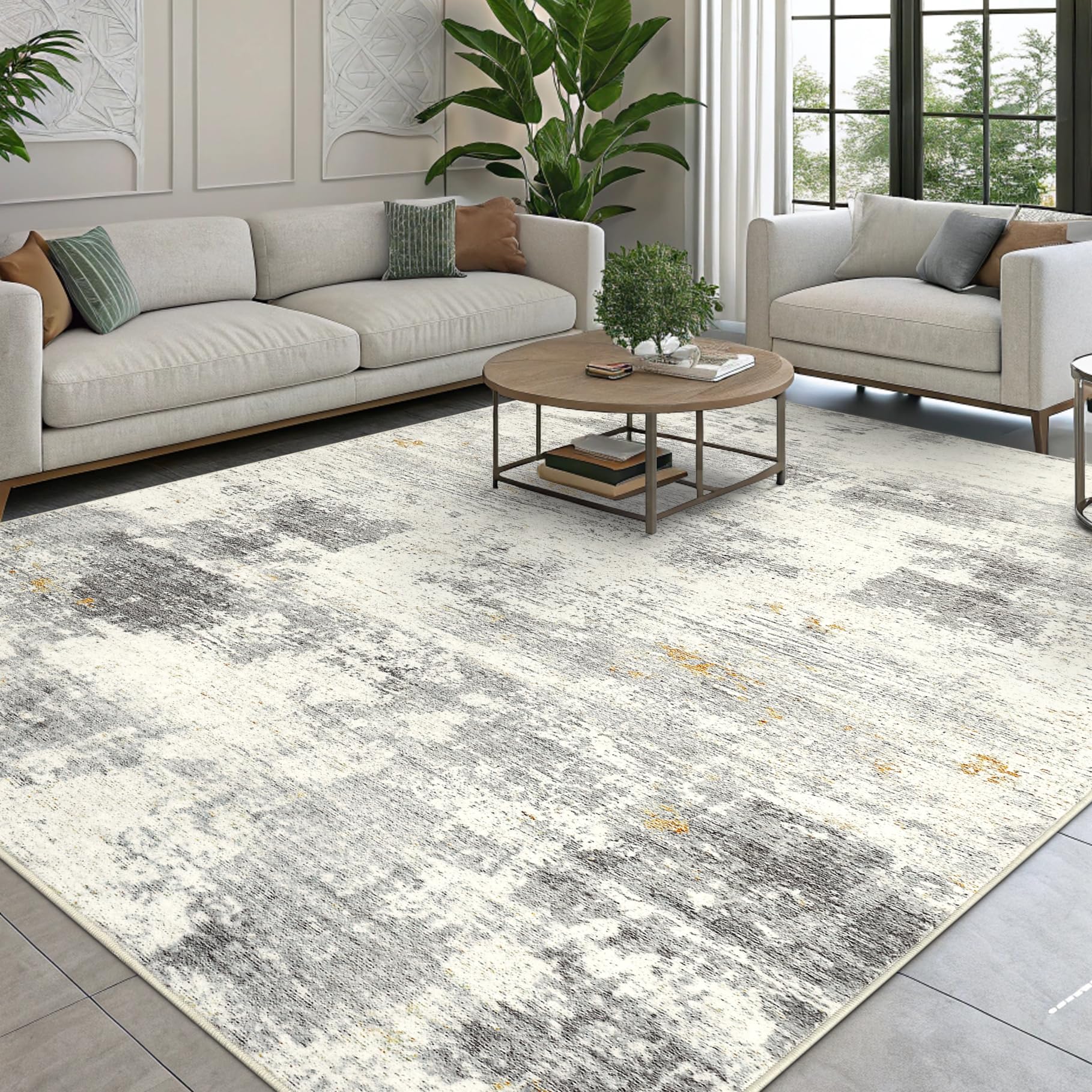 smiry Modern Abstract Area Rugs Living Room 160x220cm, Machine Washable Non-Slip Short Pile Rug, Durable Faux Wool Carpet for Bedroom, Dining Room, Home Office, Beige — image 1
