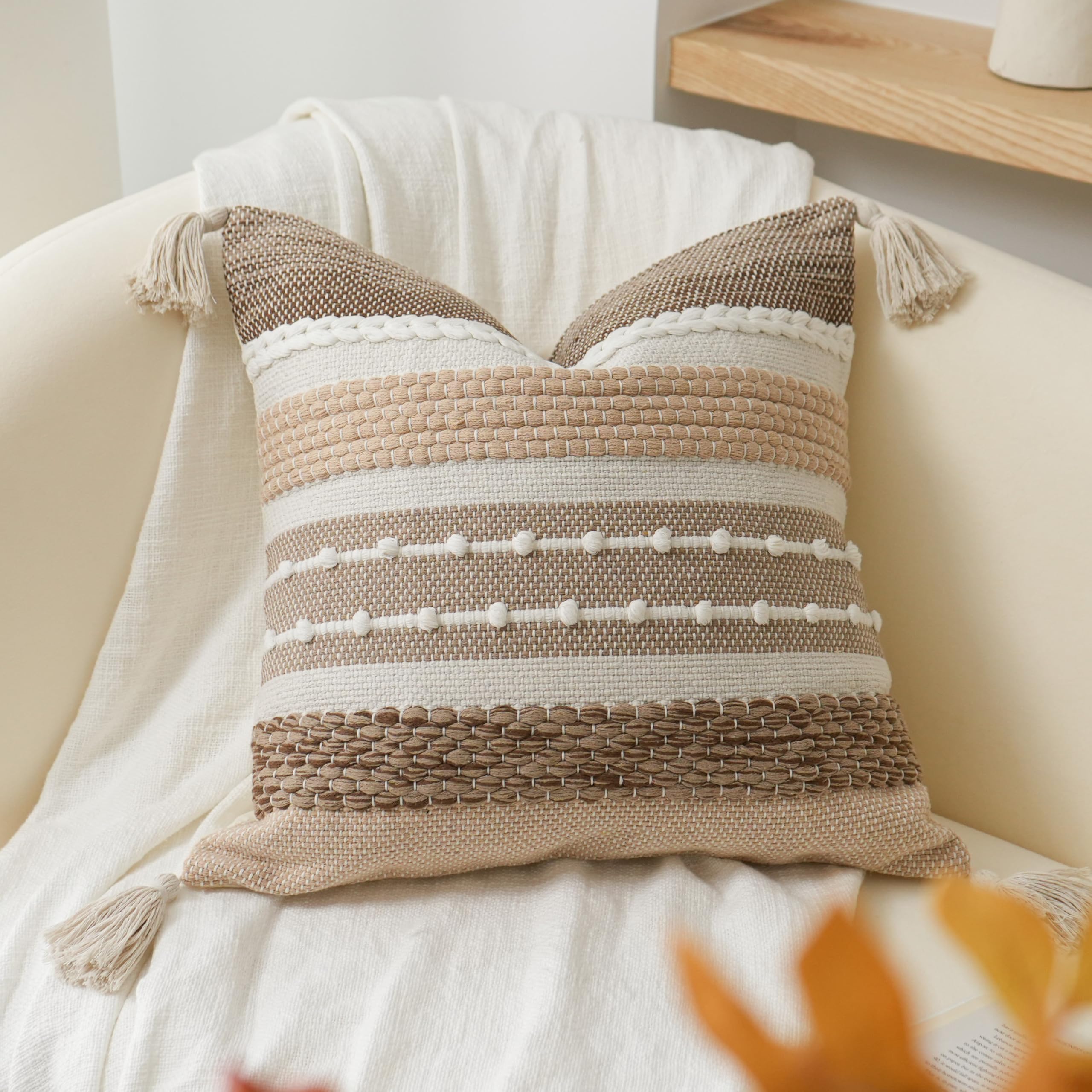 BlissBlush Brown Decorative Throw Pillow Cover 18x18 Square Boho Accent Pillowcase Tassels Farmhouse Cushion for Couch Sofa Bedroom Livingroom Home Décor Cover ONLY (Pack of 1) — image 1