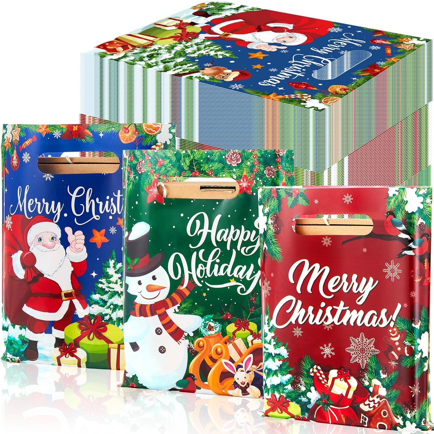 Cholemy 120 Pcs Christmas Merchandise Bags Bulk Christmas Plastic Bags 8'' x 10'' Xmas Favor Gift Bag Xmas Party Favor Bag with Handle for Shopping Holiday Boutique Treat(Cartoon)