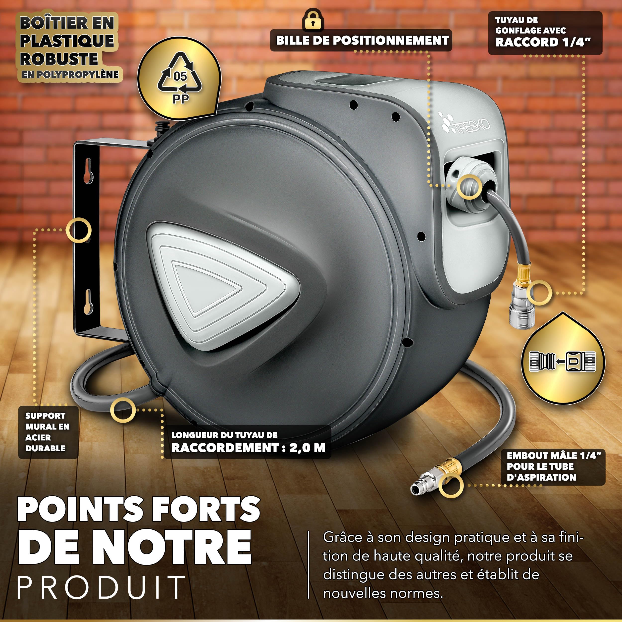 TRESKO® Enrouleur automatique de Tuyau à air comprimé 30m | Connexion 1/4" | Dévidoir Tuyau Automatique Mural, Gris