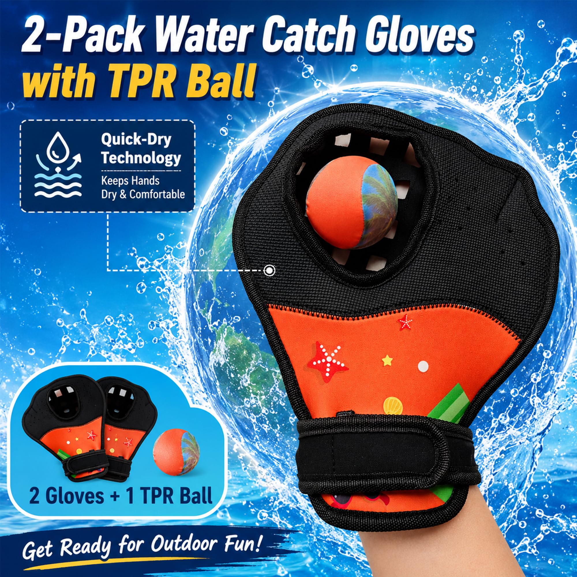 Water Bounce Ball Fanghandschuh-Set, schwimmendes Wurf- und Fang-Poolspiel mit 2 Fanghandschuhen und 1 Wasser-Bounce Ball, Strand und See Outdoor Sommer Familienspielzeug