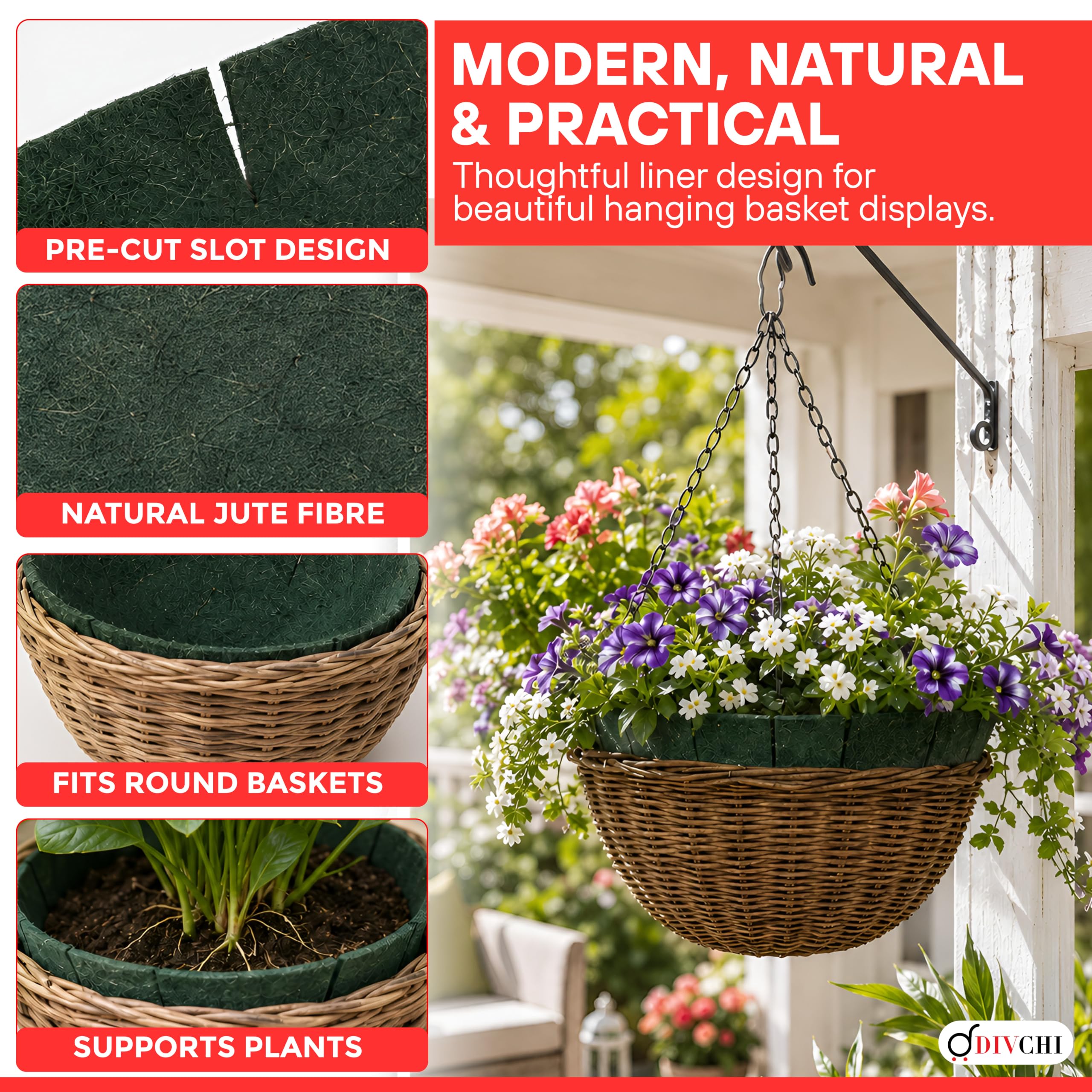 DIVCHI Green Jute Hanging Basket Liners - Natural, Durable, and Versatile Plant