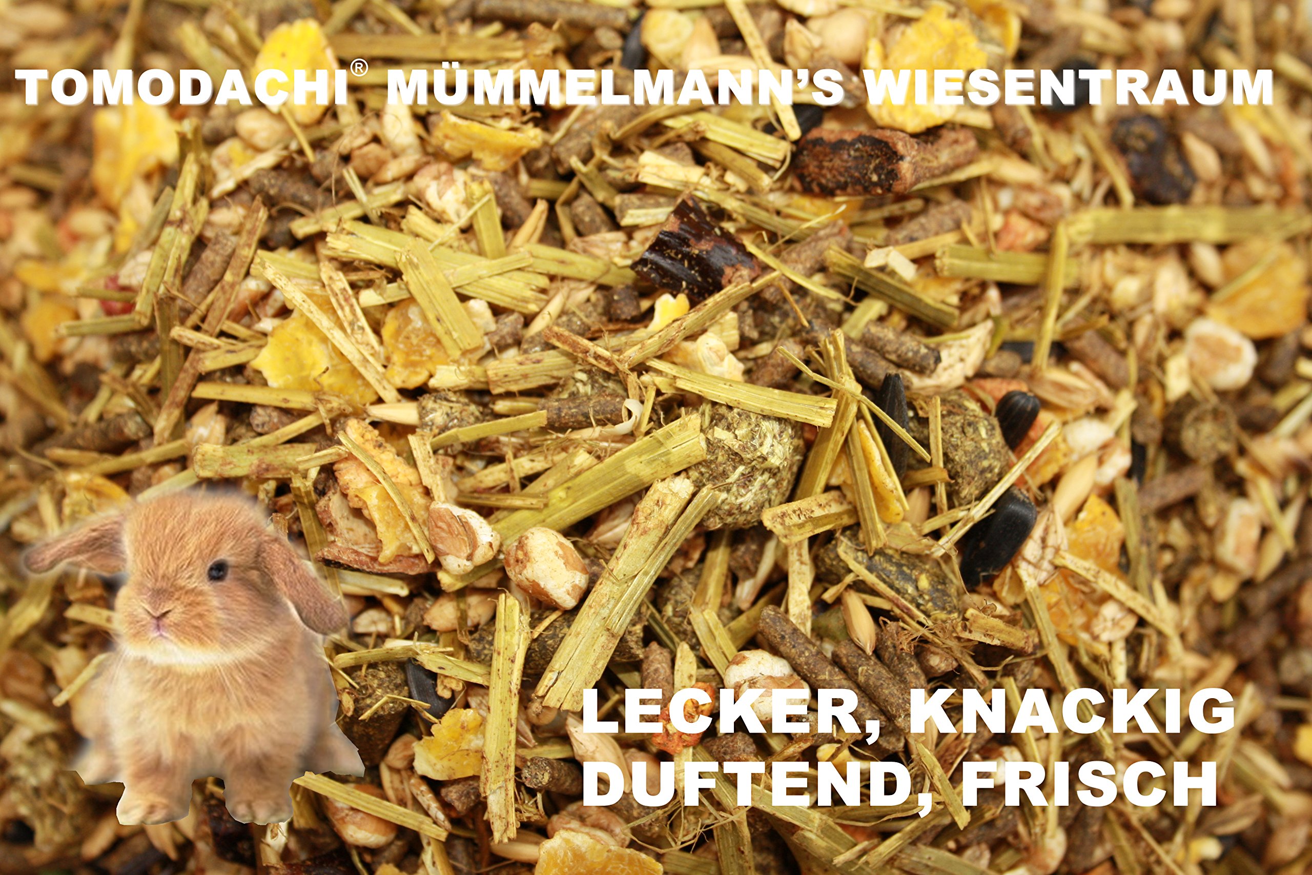 Tomodachi Kaninchenfutter Hasenfutter Raufutter Kaninchen Strukturfutter Gemüse Erbsenflocken Möhrenflocken Luzerneheu Kräuter Löwenzahn 15kg Sack