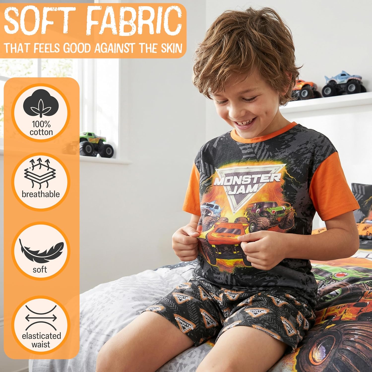 Get Trend Monster Jam Boys Pajamas Set, 2-Piece Cotton Short Sleeve Top & Shorts, Soft Breathable Summer PJs, Kids Sleepwear