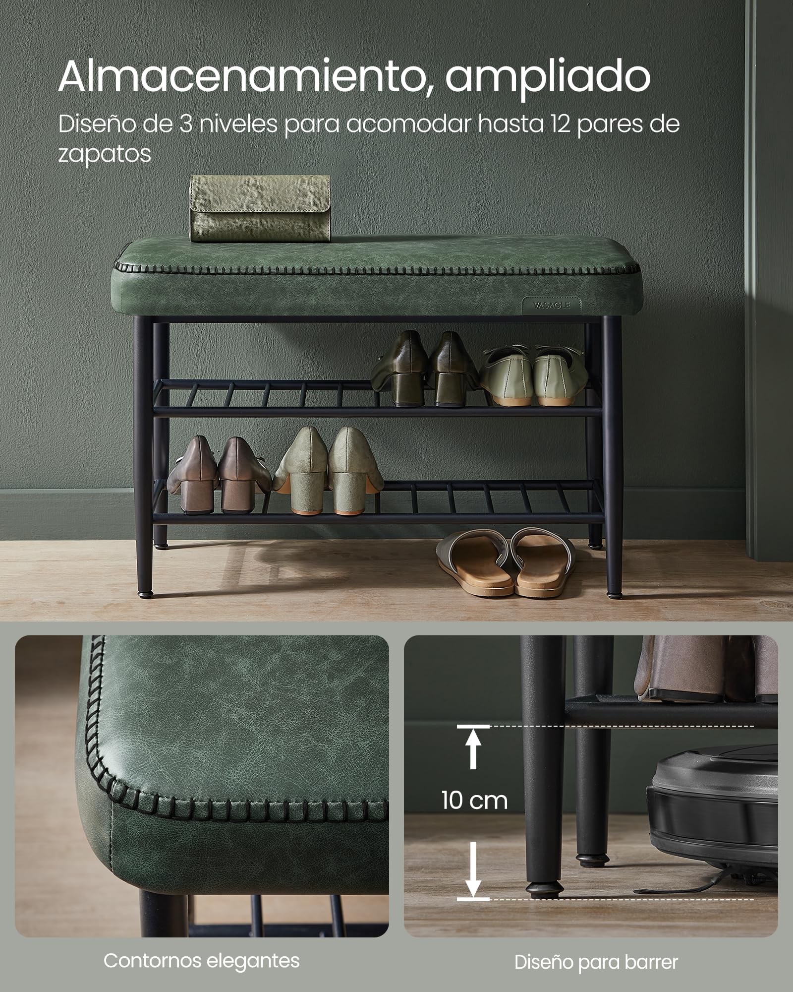 VASAGLE Banco Zapatero, Piel Sintética, Carga 135 kg, 30 x 80 x 50 cm | Banco de Almacenaje, Zapatero de Entrada, Con Costuras, Moderno de Siglo Mediados, Verde Bosque, EKHO Colección LSB054C01