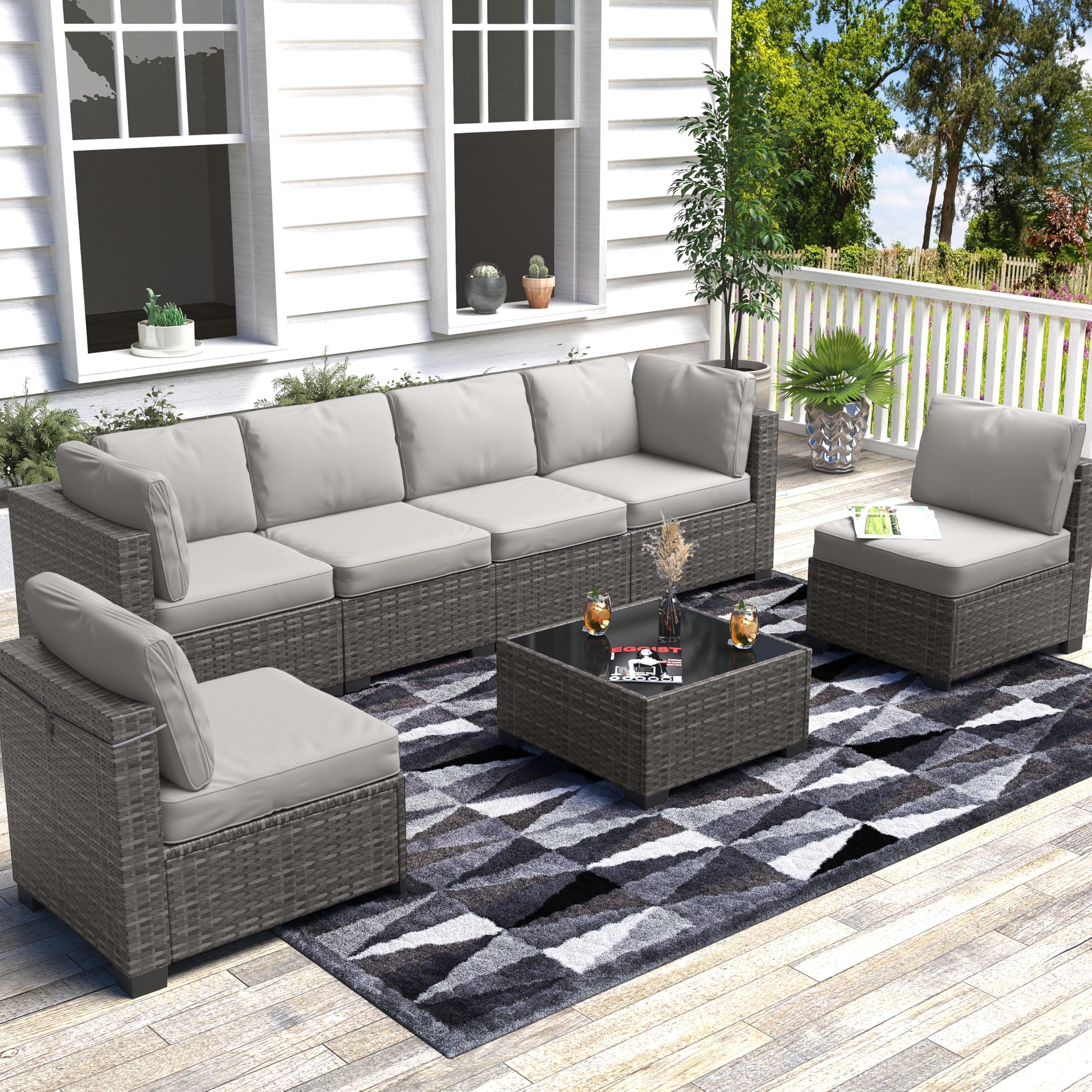 7-Piece Wicker Patio Sectional Sofa Set with Table