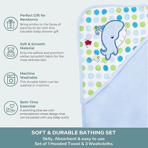 Miniatura 4 de Spasilk Toalla de felpa con capucha para bebé con 3 toallas pequeñas, artículos esenciales de baño para bebé, talla única, ballena azul