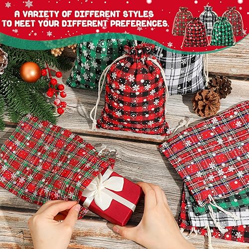 Miniatura 4 de Shappy 25 bolsas de Navidad con cordón y patrón de copo de nieve, bolsas de tela de lino para regalo de Navidad, fiesta de cumpleaños (6 x 8
