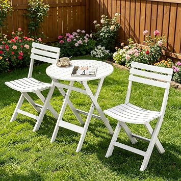 Plastic Folding Bistro Set, 3 Piece Patio Bistro Set with Backrest, Portable Indoor Outdoor Table and Chairs, Foldable Patio Furniture for Balcony, Porch, Backyard, Garden, Poolside White