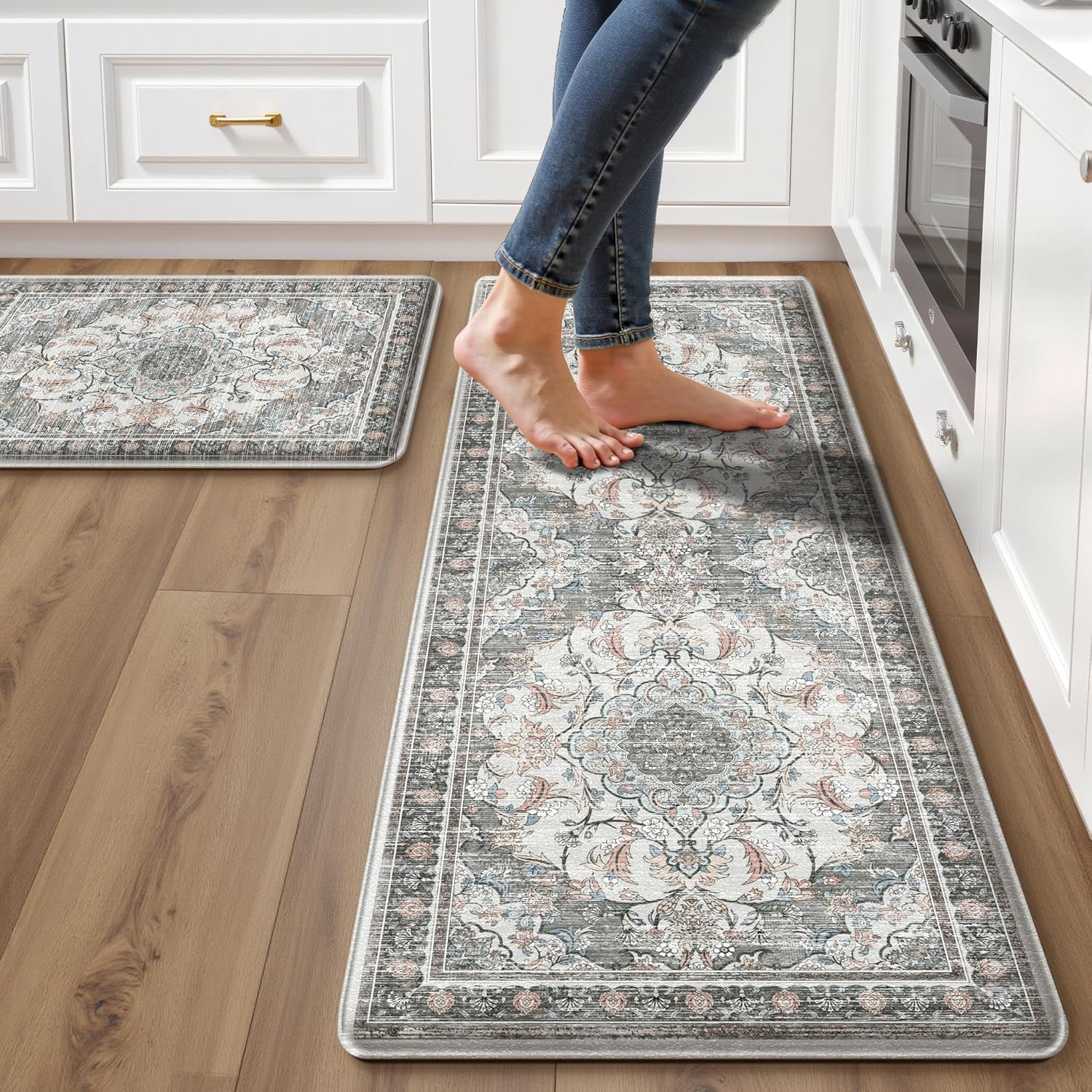 Boho Kitchen Mats for Floor 2 Piece Set Anti Fatigue Cushioned PVC Kitchen Rugs Non Slip Waterproof Farmhouse Mats 2/5 Inch Comfort Standing Mat for Sink, Laundry, 17.3"x47"+17.3"x28", Beige Grey