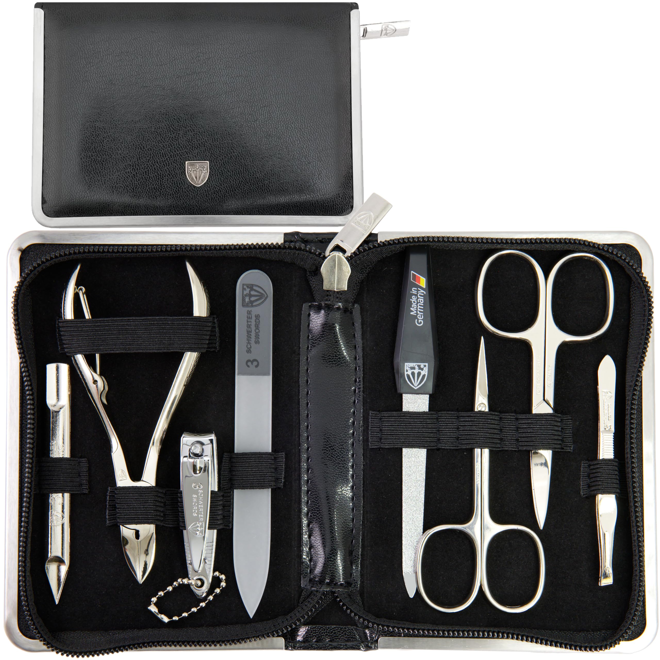 DREI SCHWERTER Germany Maniküreset Nagelnecessaire 'Andria' - 8-tlg. aus schwarzem Kunstleder, Inhalt: Nagelschere, Nagelzange, Glasnagelfeile, Hautschere, Pinzette und vieles mehr!