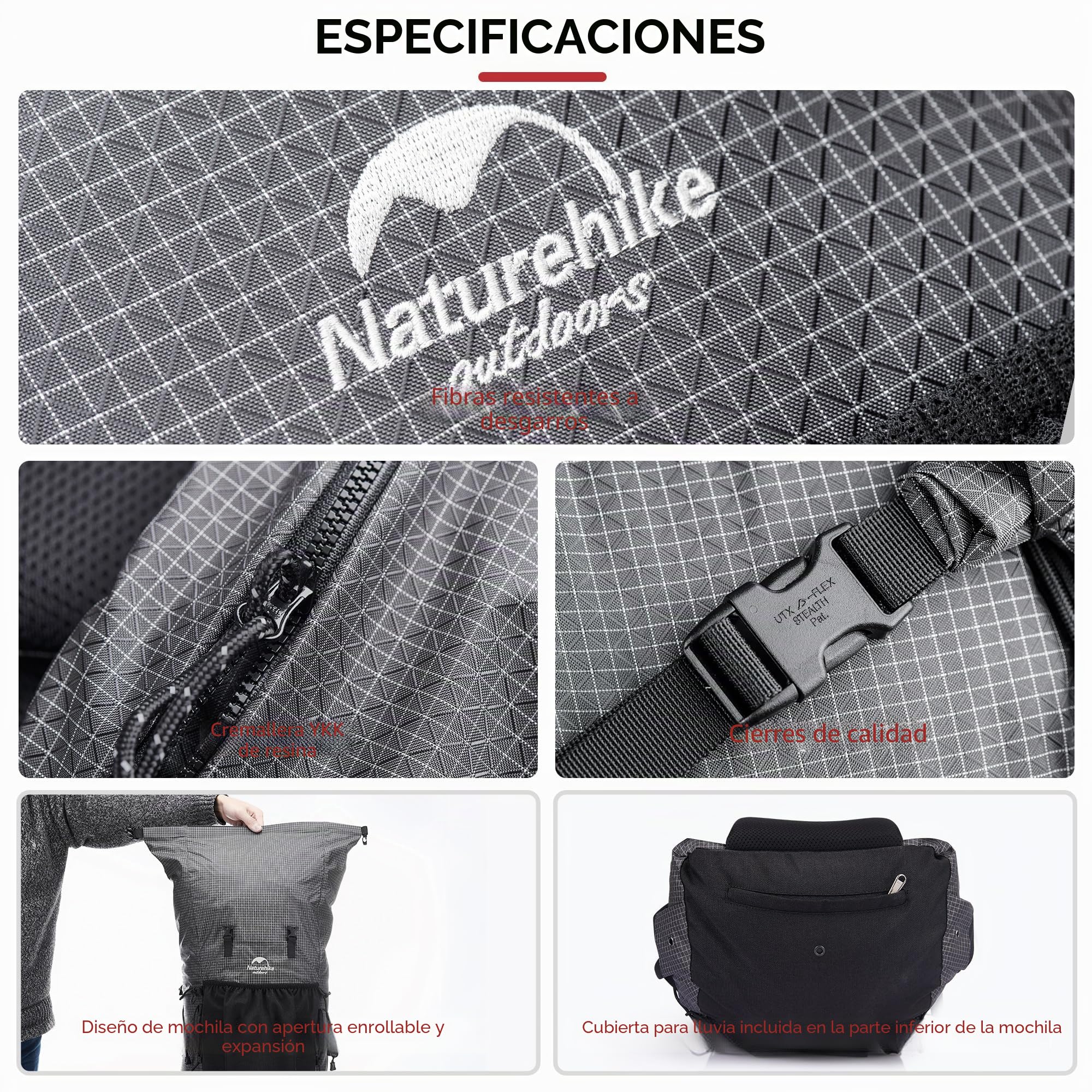 Naturehike Rock - Mochila de senderismo con marco interno de 60/40+5L para acampar al aire libre, viajes, mochila de mochilero, Negro 60+5l Actualización