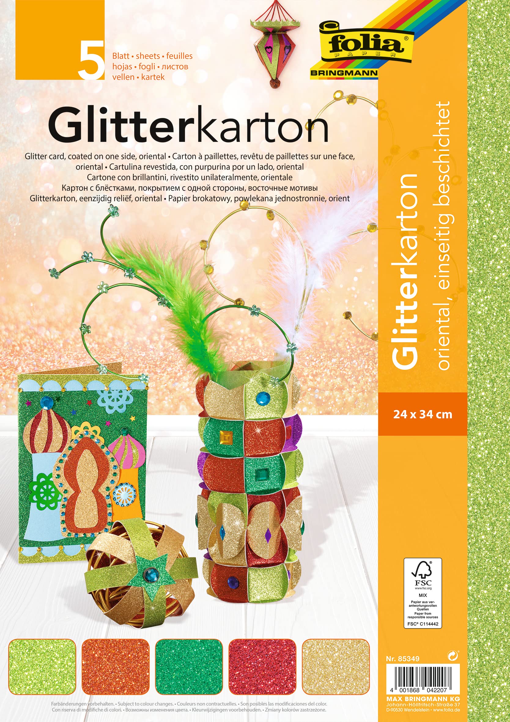 folia 85349 Glitter Card Oriental Assorted Colours 24 x 34 cm 5 Sheets 300 g/m² for Elegant and Sparkling Crafts