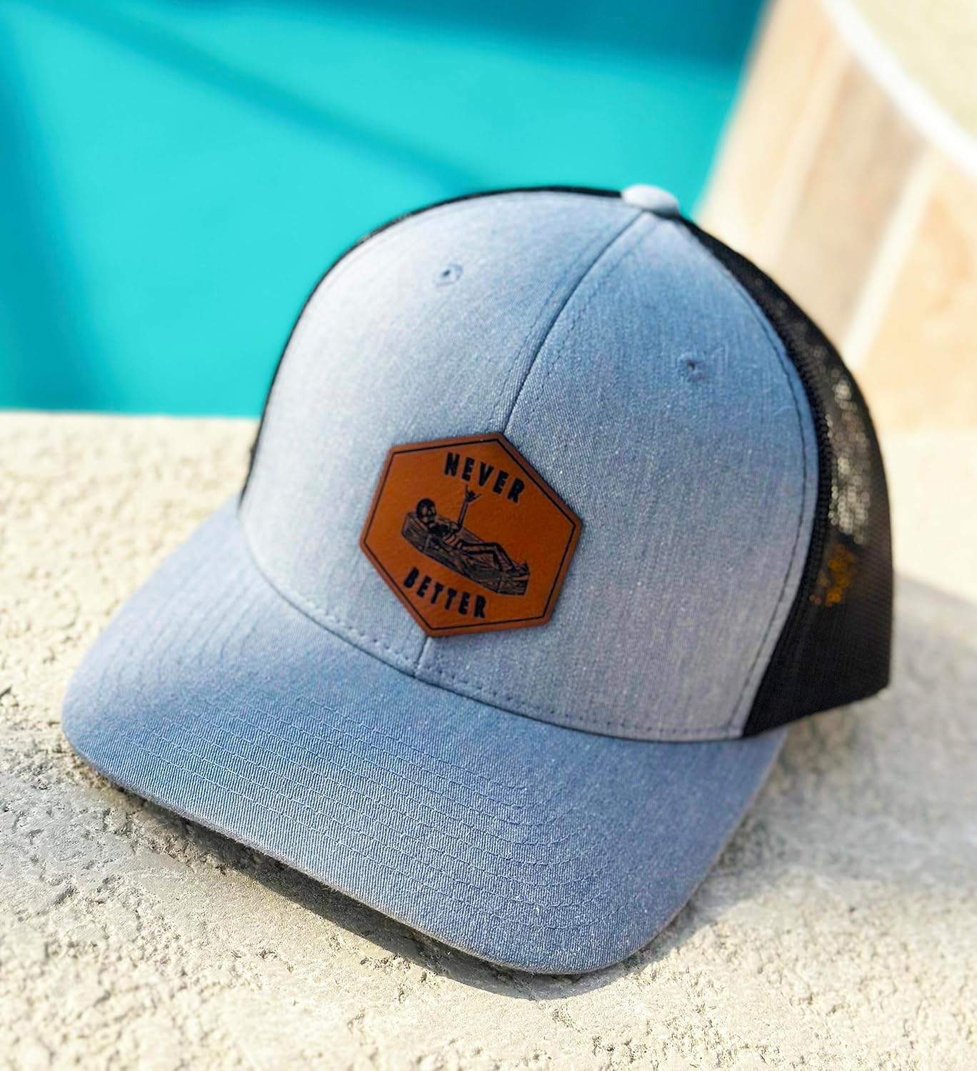 Ink Trendz Never Better Shaka Skeleton in a Coffin Mesh Trucker Snapback Patch Hat Unisex Baseball Hat
