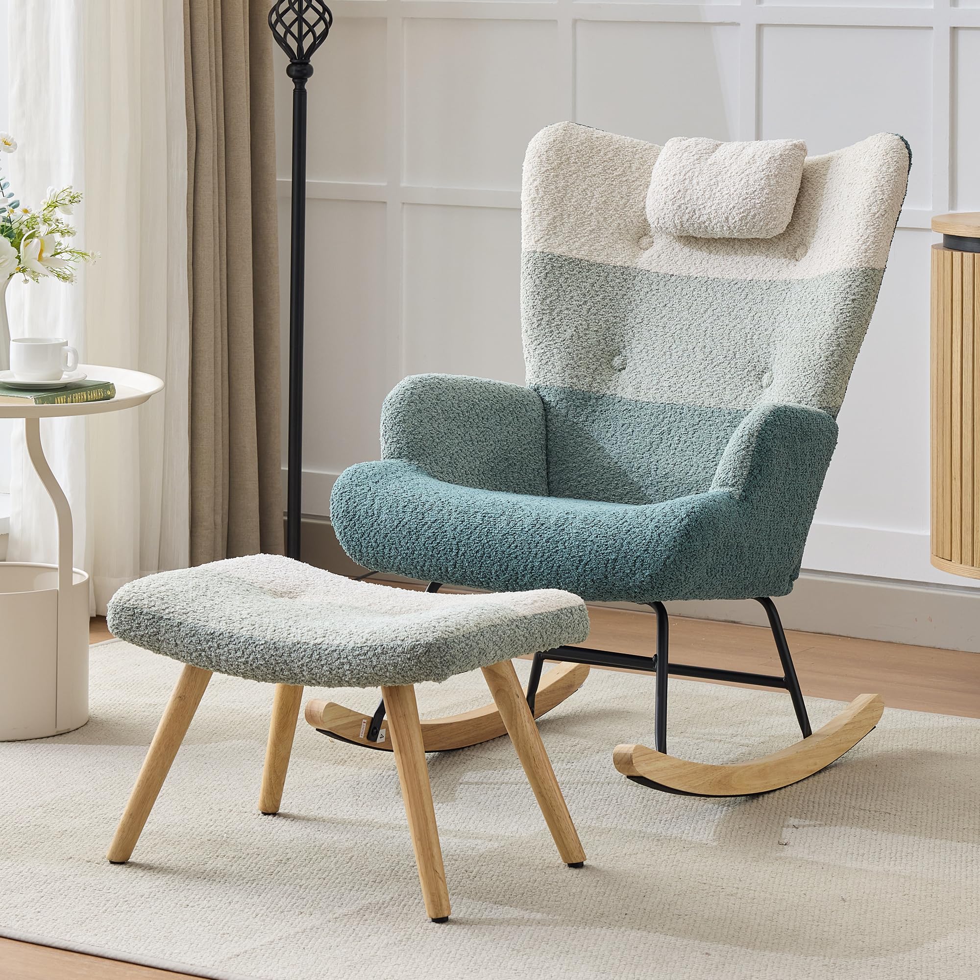 Boucle fotel bujany, w kolorowe paski patchworkowe, nogi z drewna gumowego, stelaż z natryskiwanego żelaza, fotel do salonu, sypialni z podnóżkiem