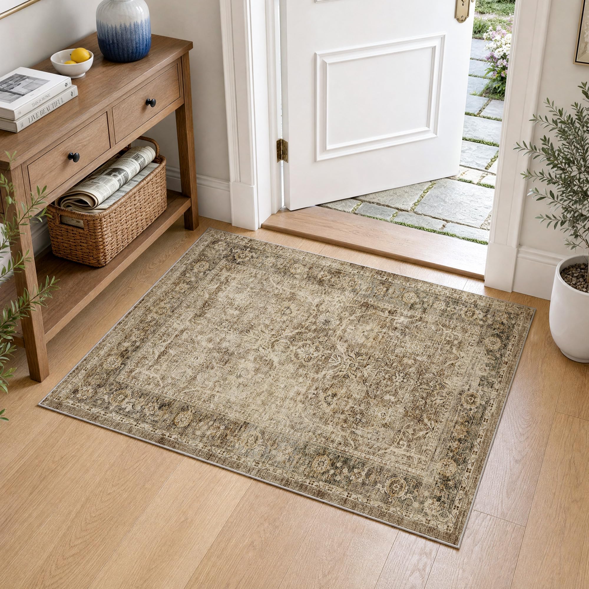 FMFUNCTEX 2x3 Washable Brown Vintage Distressed Retro Soft Entryway Rug