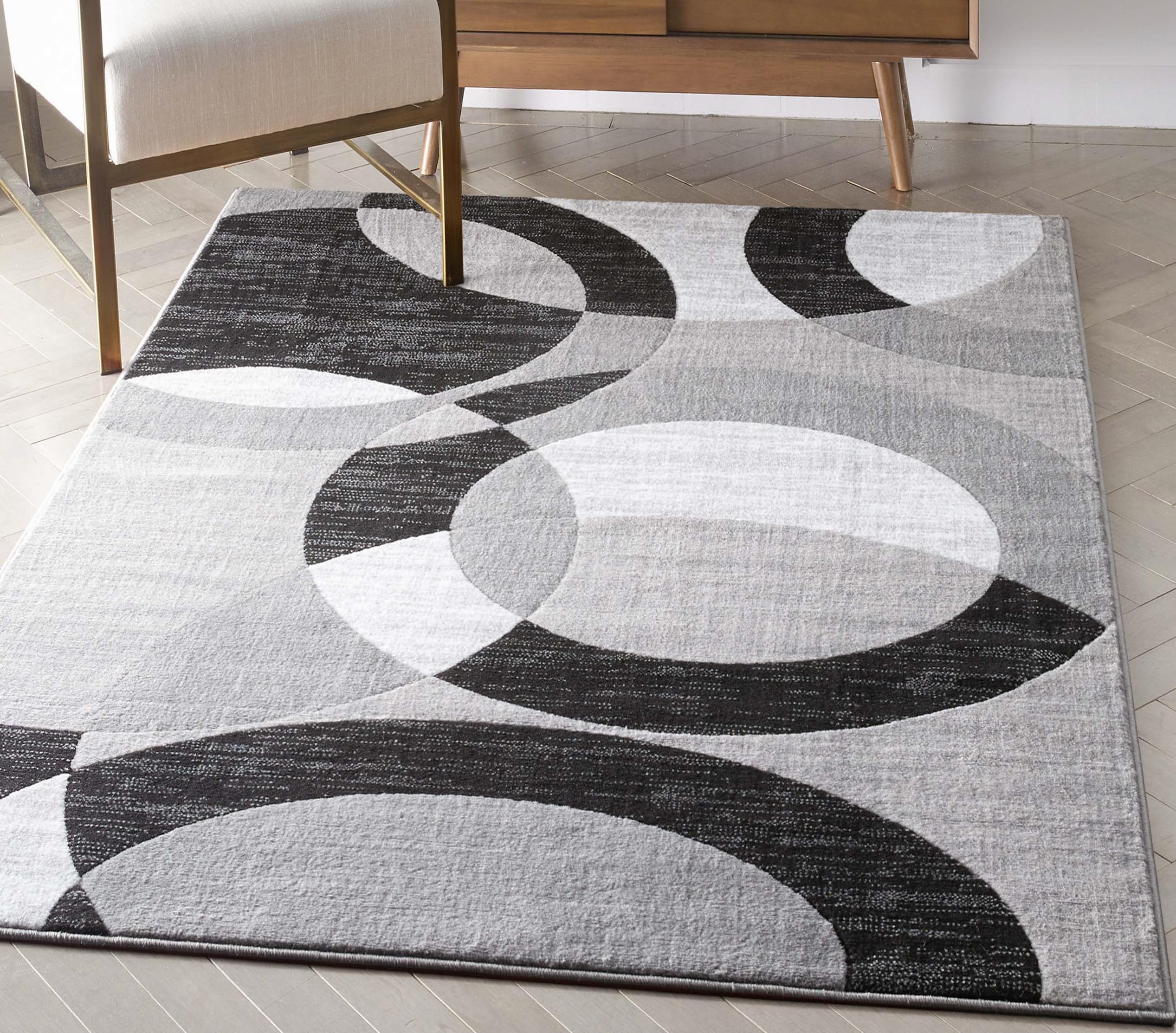 Well Woven Grey Geometric 5x7 Area Rug Easy-Clean Durable for Living & Dining Rooms Modern Abstract Circles Design
