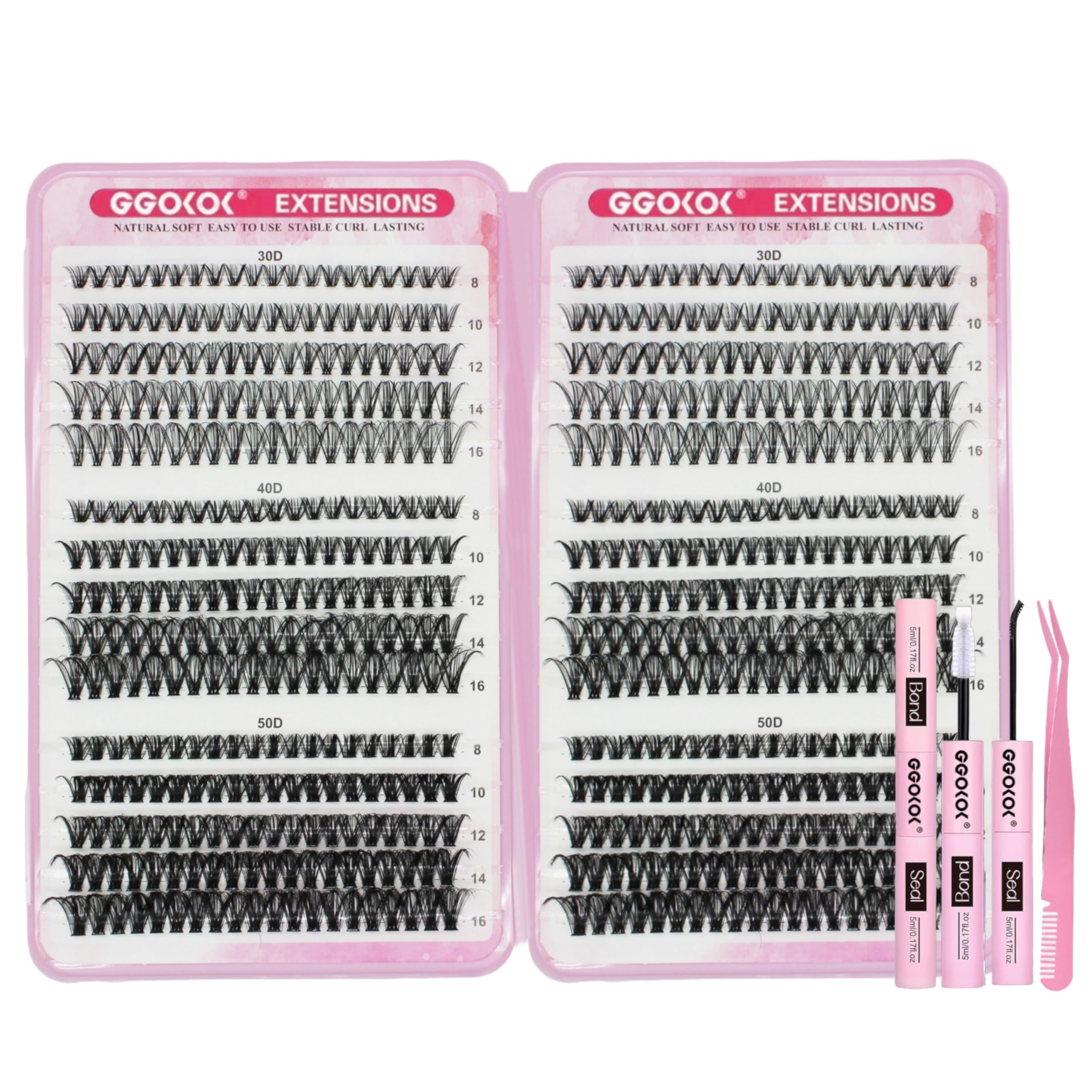 GGOKOK DIY Lash Clusters Kit 30D+40D+50D Fluffy Volume 8-16MM Thick Eyelash Extension Kit Individual Lashes Clusters Lash Bond and Seal Tweezers(30D 40D 50D,Kit) - Image 2