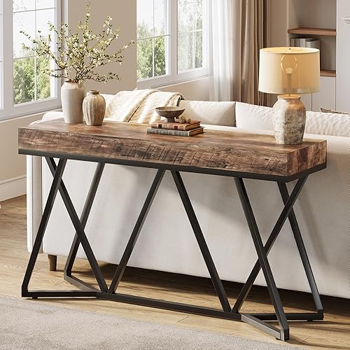 Tribesigns Mesas de consola de 55 pulgadas para entrada, mesa de sofá de madera industrial, muebles de entrada con base metálica geométrica para