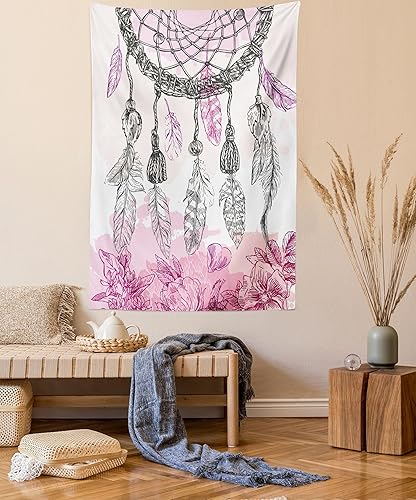 Ambesonne Tapiz étnico, atrapasueños de estilo bohemio con ilustraciones de plumas y floretes, colgante de pared para dormitorio, sala de estar,