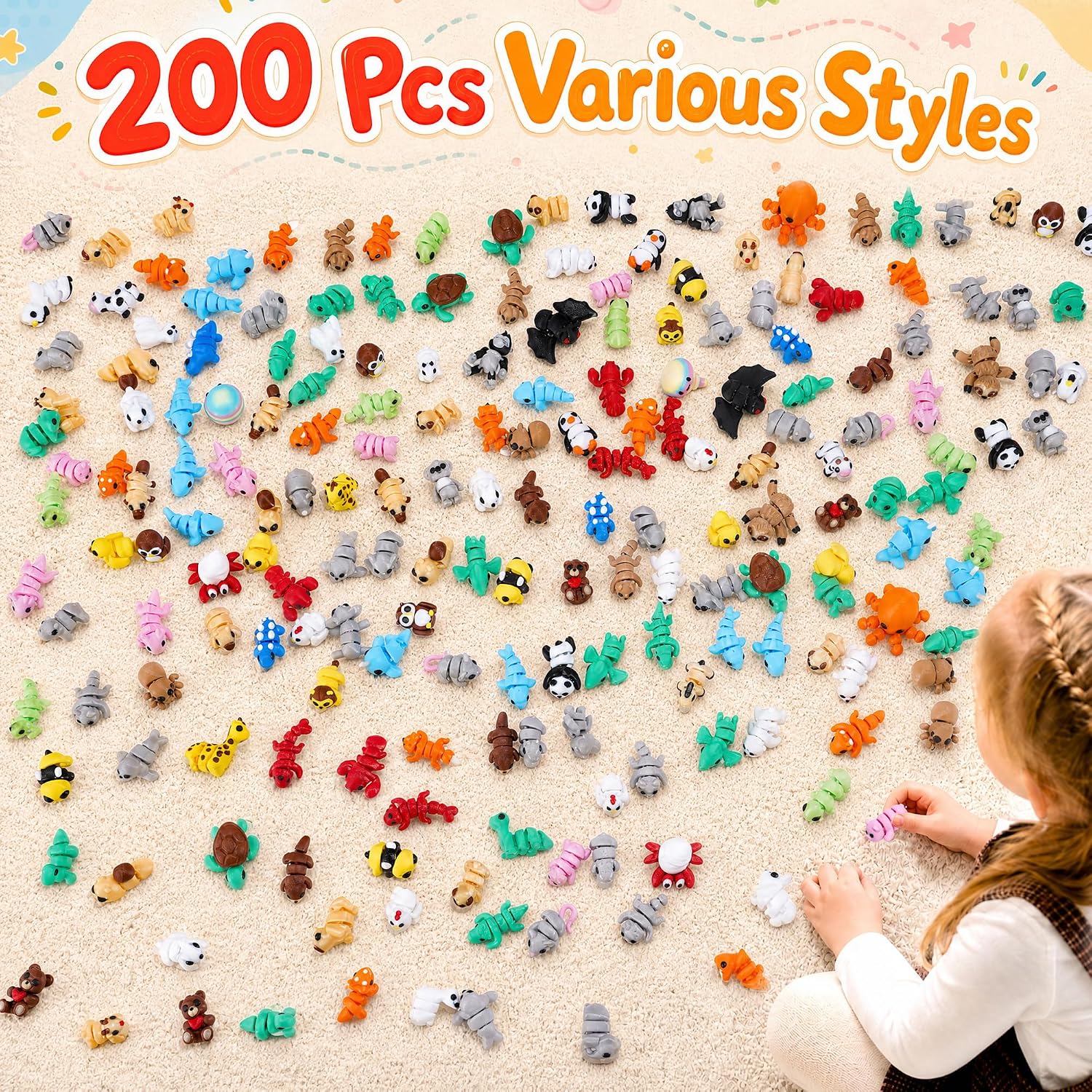 200 Pcs 3D Printed Animals, Mini 3D Figures Set Small Animal Articulated image 3