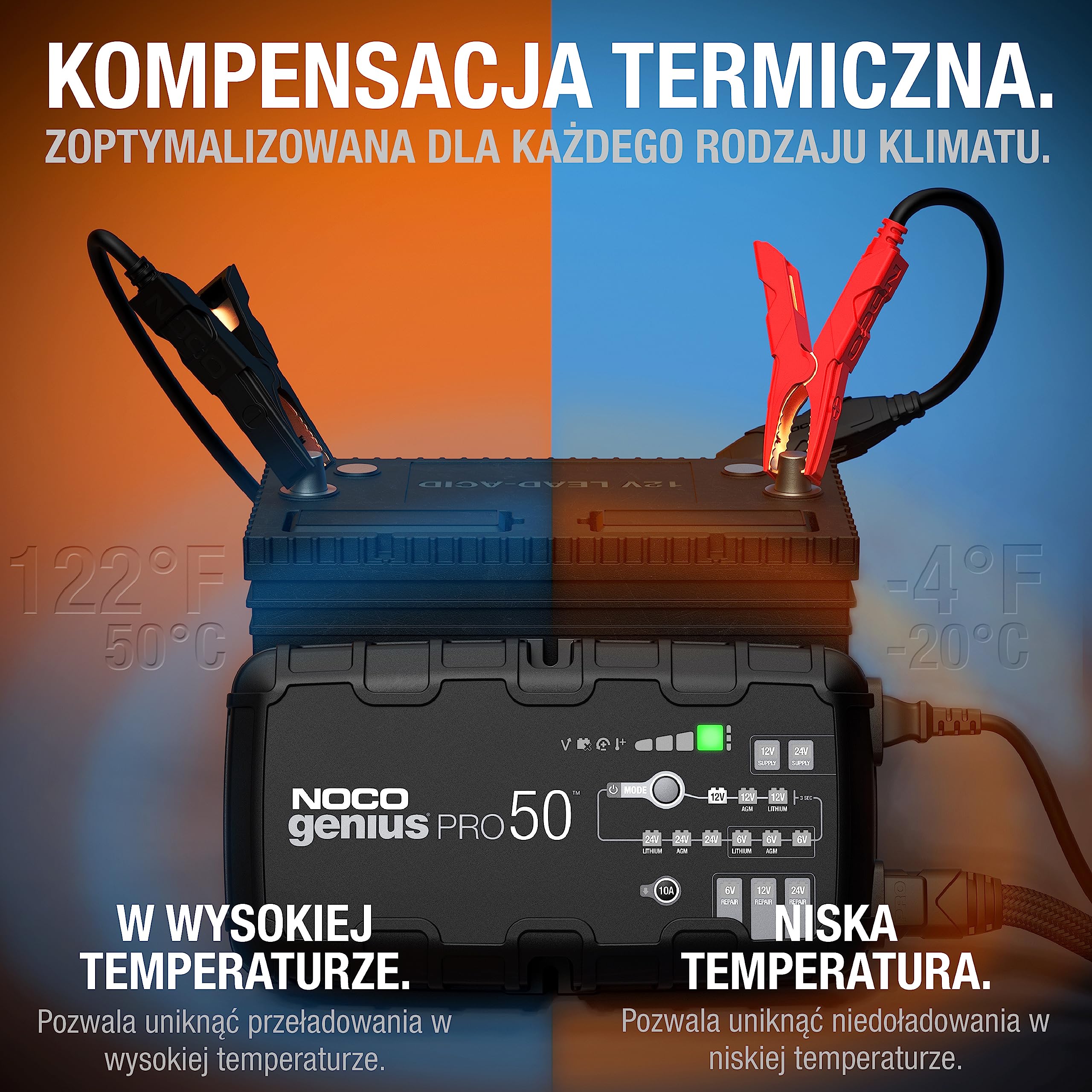 Noco GENIUSPRO50 Ładowarka, Czarny, 23 x 13,5 x 7,5 cm | Tryb zasilania, ochrona przed przeładowaniem, odsiarczacz, kompensacja temperatury, tryb siły, do kwasu ołowiowego i litowego