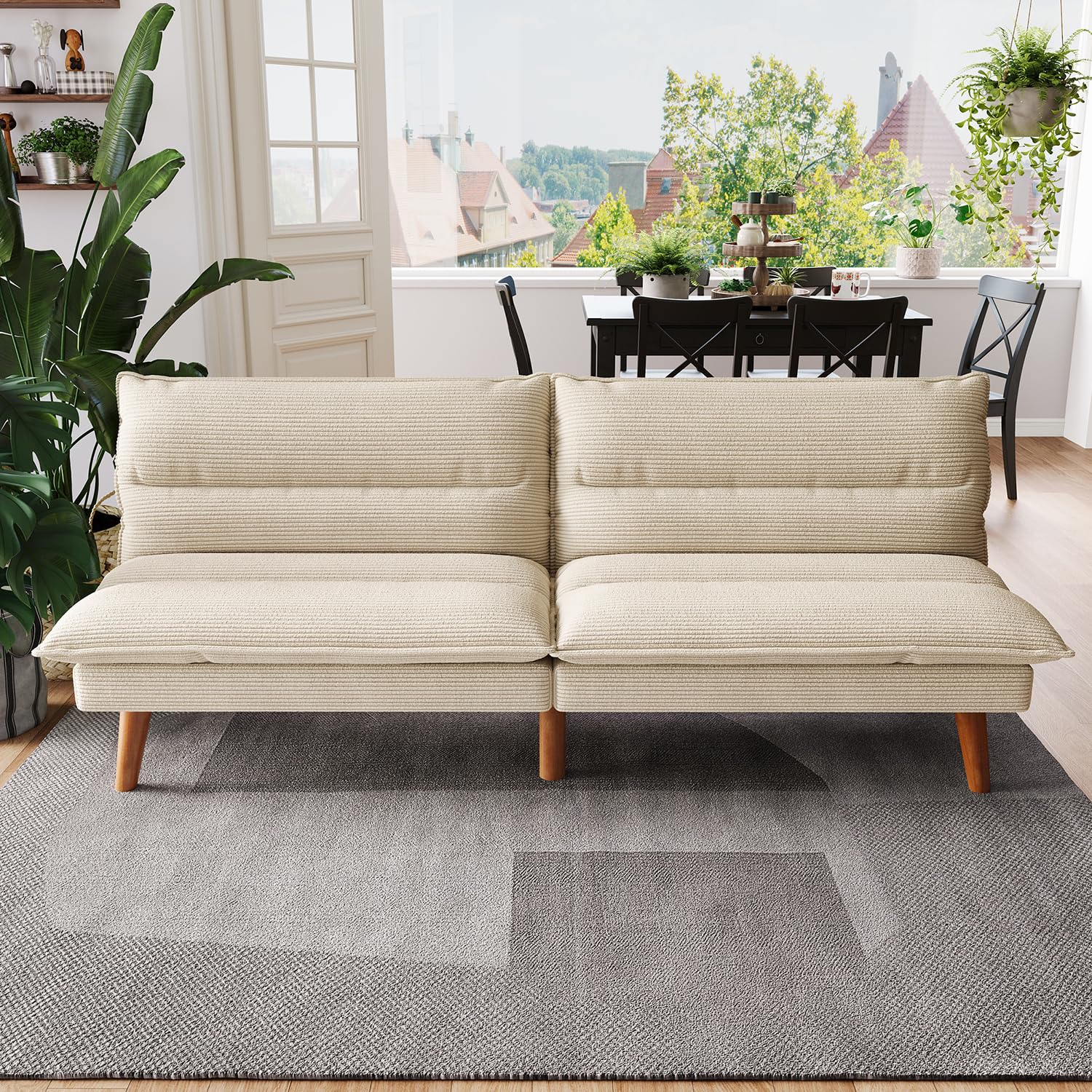 LINSY HOME Futon Sofa Bed - Convertible Corduroy Futon Couch Bed with Adjustable Backrest, Modern Small Loveseat Sleeper Sofa for Small Spaces, Living Room, Apartment or Office (Beige)