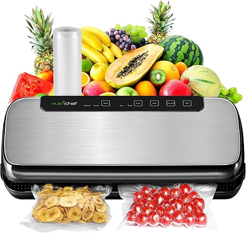 NutriChef Máquina selladora al vacío de alimentos, sistema automático de sellado de aire de acero inoxidable para alimentos secoshúmedos, controles