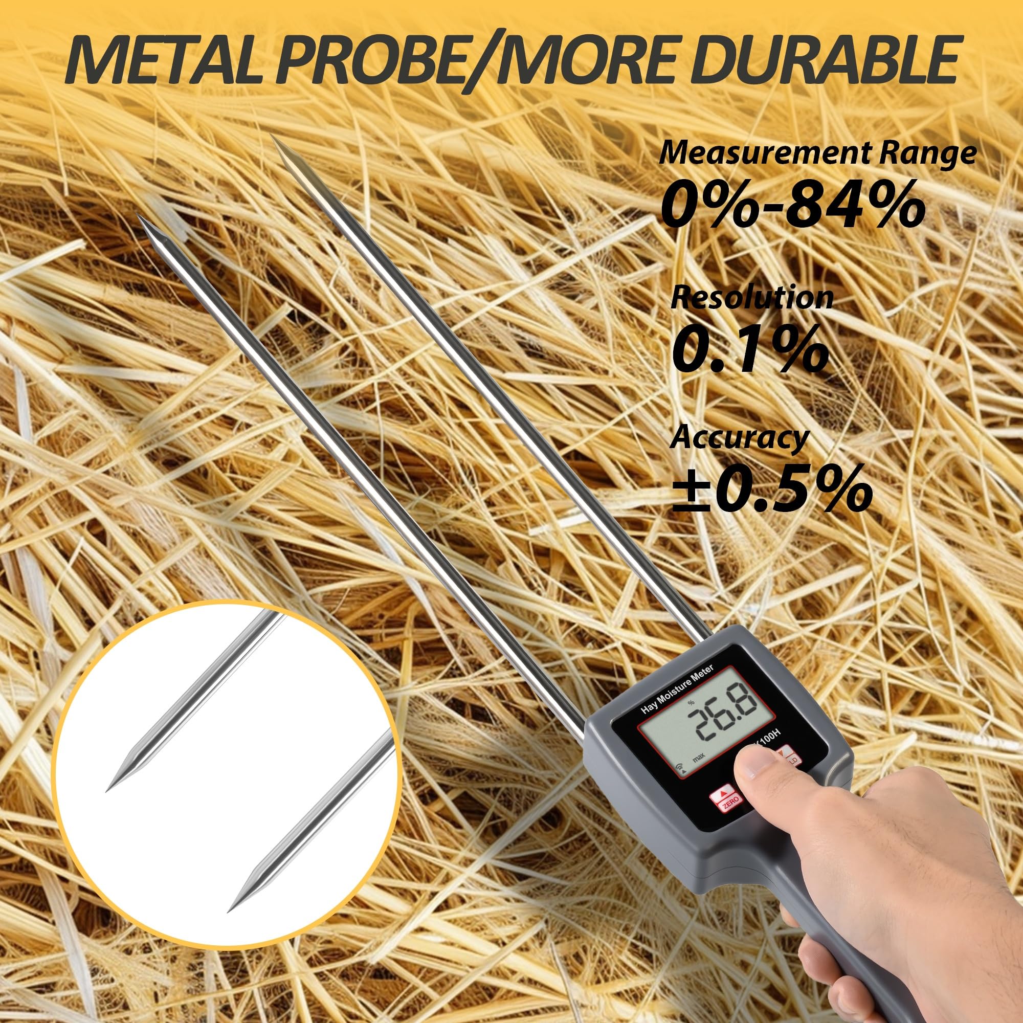 Misuratore di umidità di precisione per fieno, digitale LCD, rilevatore di umidità per balle di fieno, misuratore di umidità portatile con sonda di umidità per balle di fieno, intervallo 0-84%, tenuta