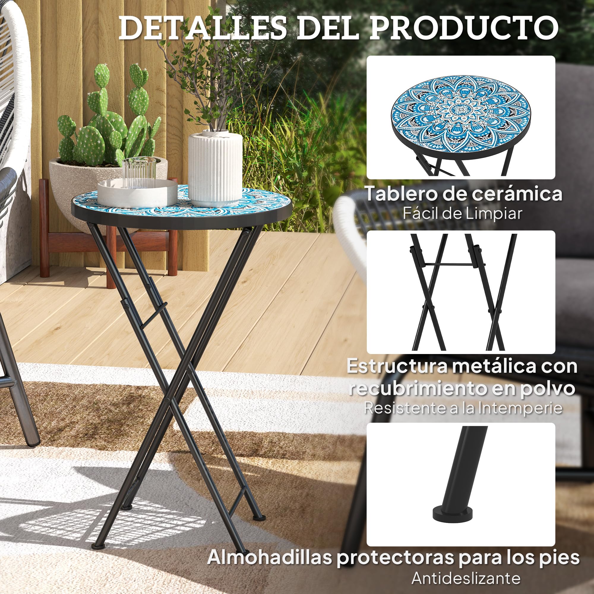 Outsunny Mesa Auxiliar Redonda Mesa de Jardín Exterior Plegable con Encimera de Mosaico y Almohadillas Antideslizantes Mesa para Exterior Terraza Patio Ø35,5x55 cm Azul