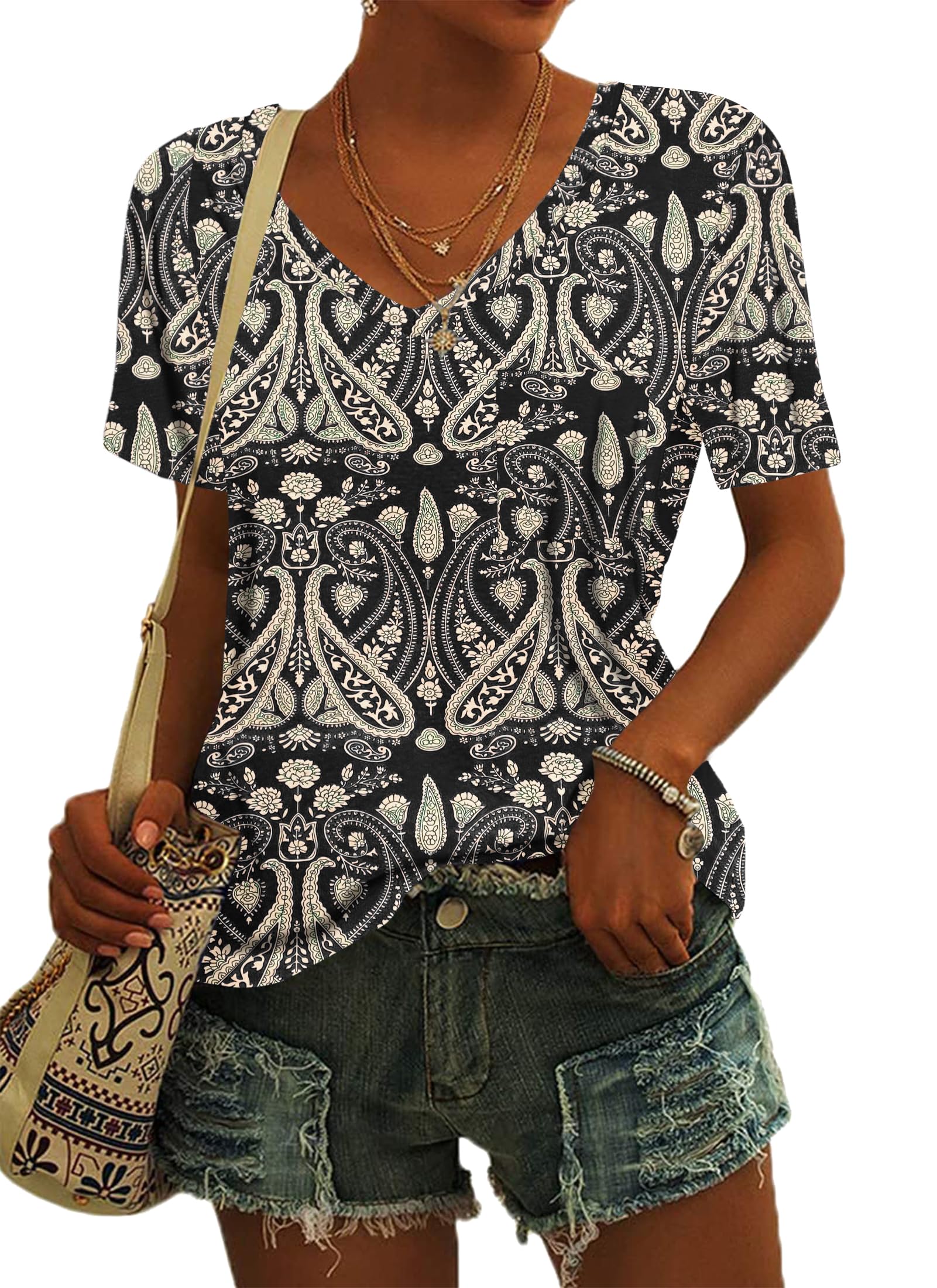 MOLERANI Damen T-Shirts Kurzarm V-Ausschnitt Lose Sommer T-Shirts Basic Tunika Tops mit Tasche