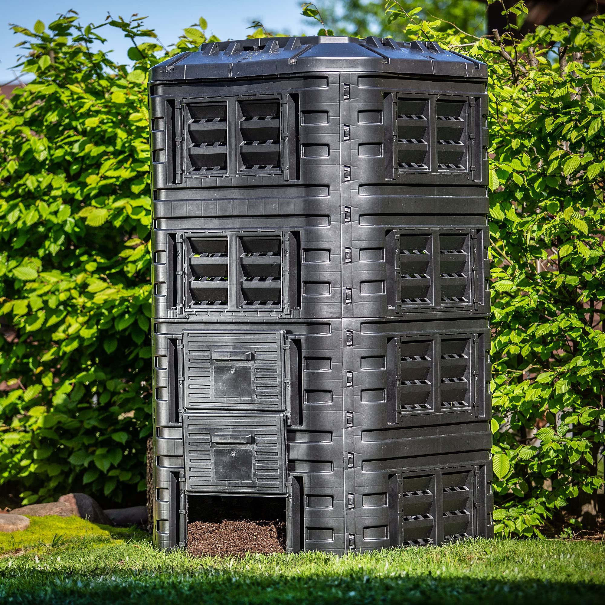 KADAX Compostador de plástico rápido, compostador con botones a presión, compostador térmico negro con tapa plegable (1260 L)