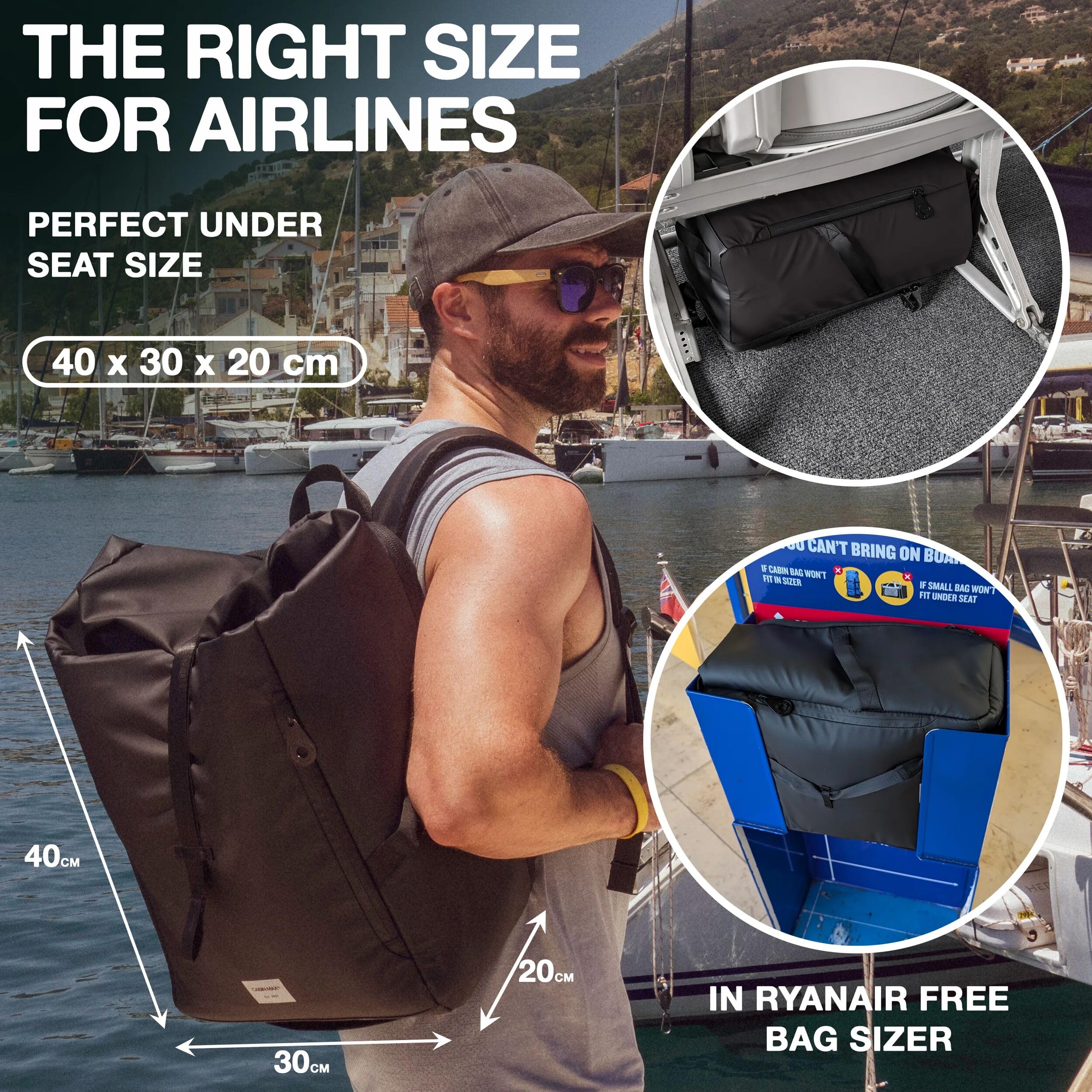 Cabin MAX ISEO - Mochila de Viaje Impermeable, con Parte Superior Enrollable, Bolsa de Transporte, Adecuada para Mochila Ryanair Debajo del Asiento, 40 x 30 x 20cm