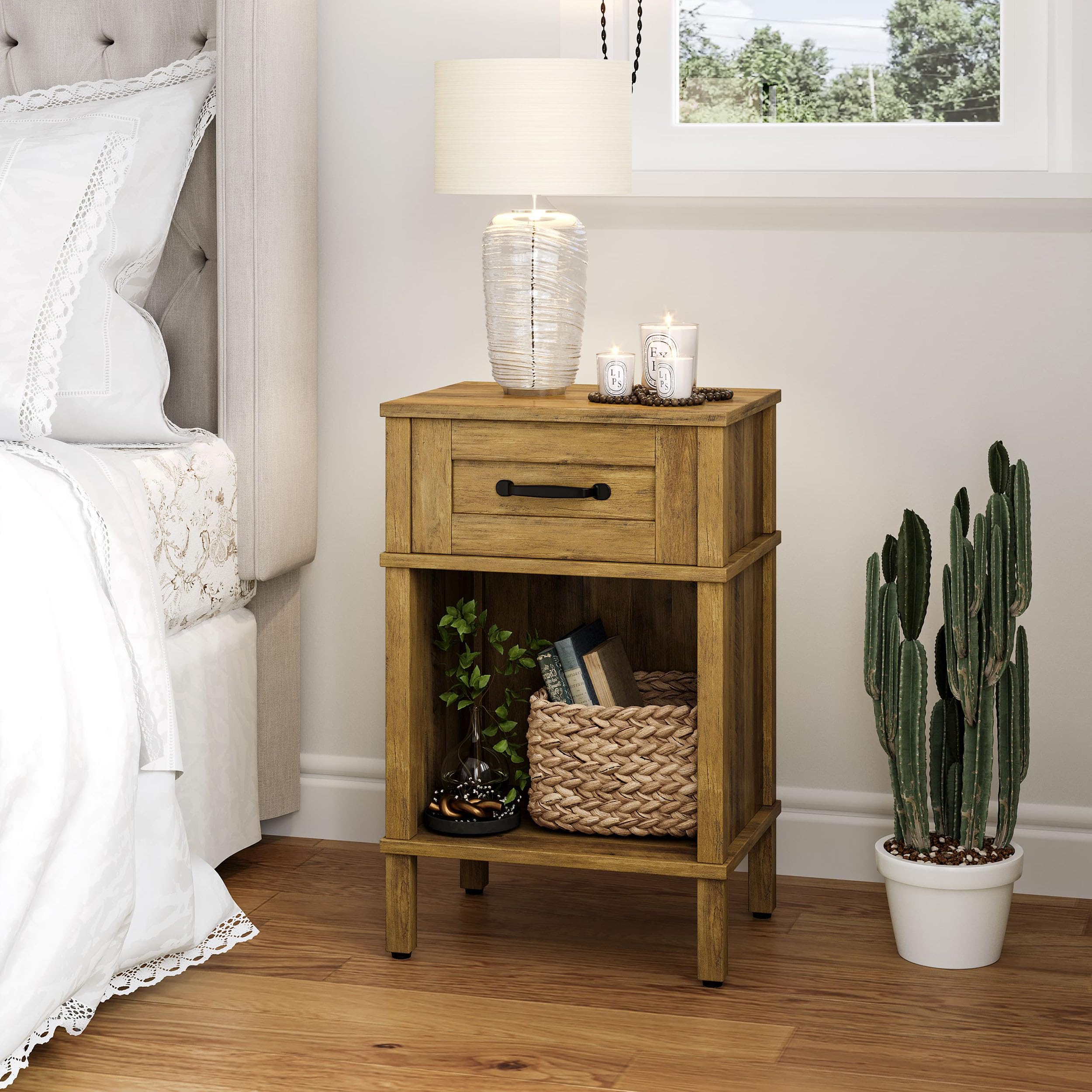 Mesita de Noche de Madera Mesita Auxiliares con Cajones Compartimento Abierto Moderna Minimalista Bedside Table Dormitorio Sala de Estar Marrón rústico LET512DR