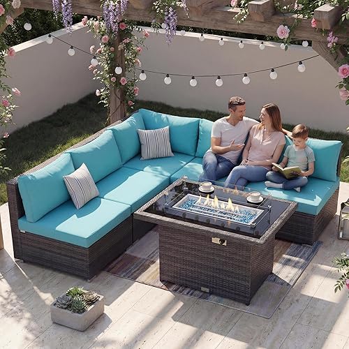 NICESOUL 6 Piece L Shaped Patio Furniture Set with Fire Pit Natural Gas/Propane, 29.3'' High Back Comfy Outdoor Conversations for Outside, Big Size Deep Wide Couches, 2 Color Cushion Turquoise & Grey