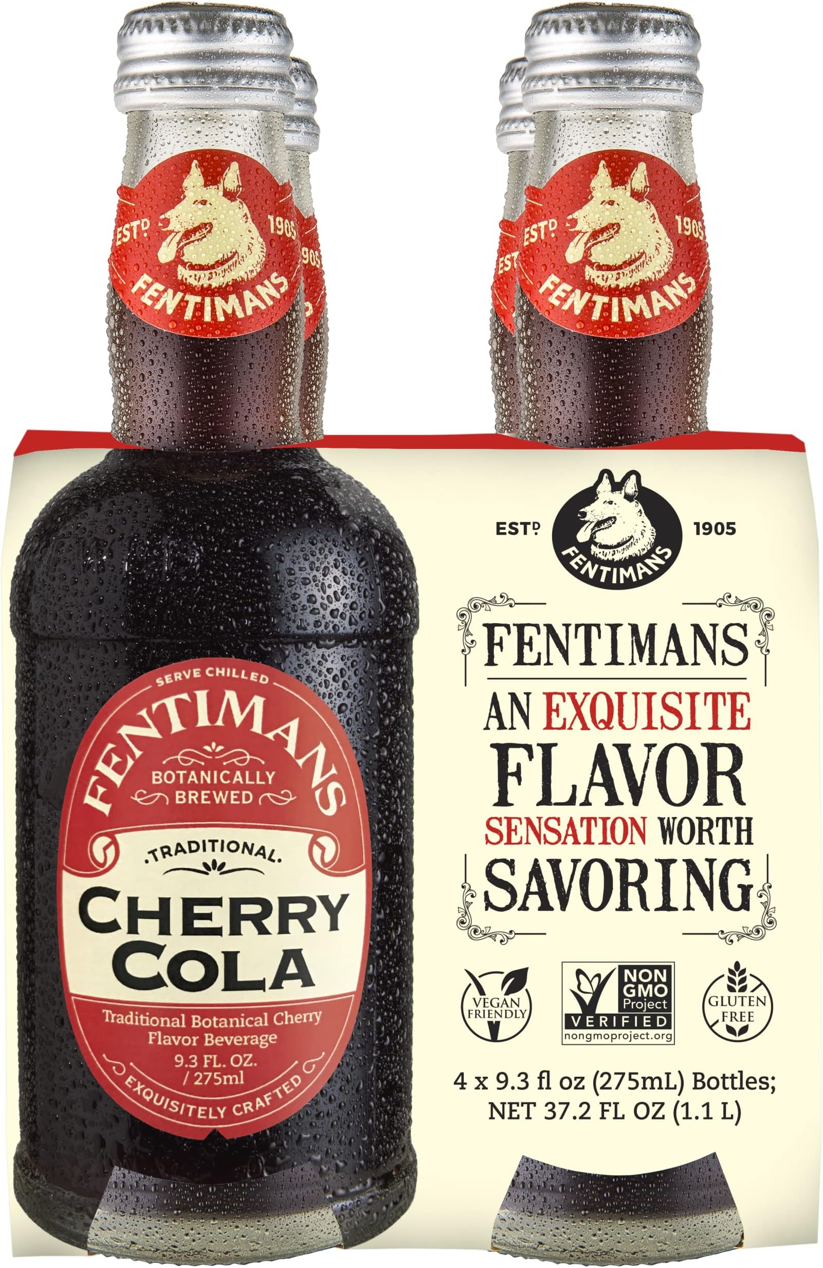 Fentimans Cherry Tree Cola - Cherry Soda, Botanically Brewed, Made with Natural Ingredients, No Artificial Colors, Flavors or Preservatives, All Natural Cola - Cherry, 37.2 oz (Pack of 4)