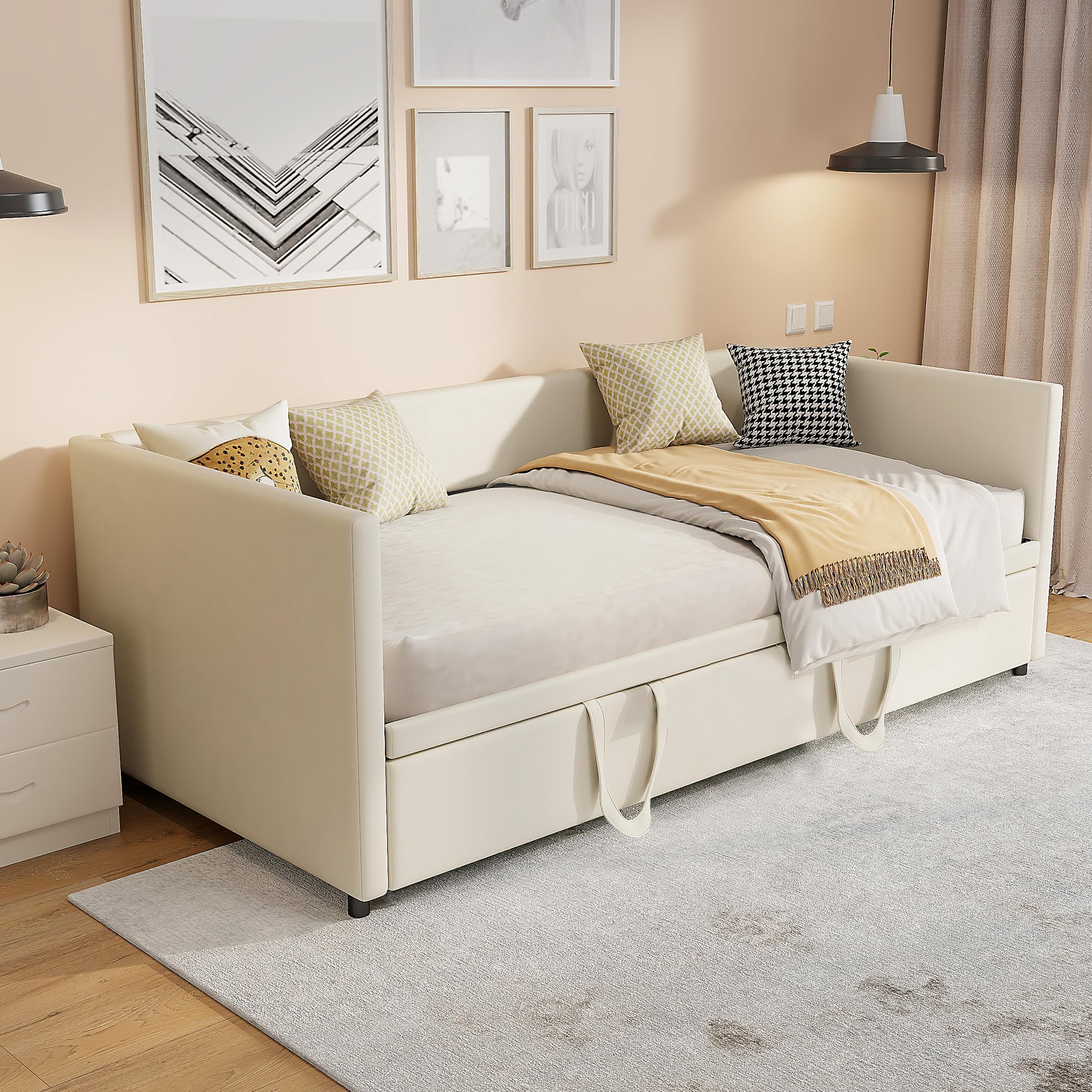Cama de día extensible 90 x 200/180 x 200 – Sofá cama tapizada con cama plegable y somier de láminas, sofá cama doble de terciopelo beige, sin colchón