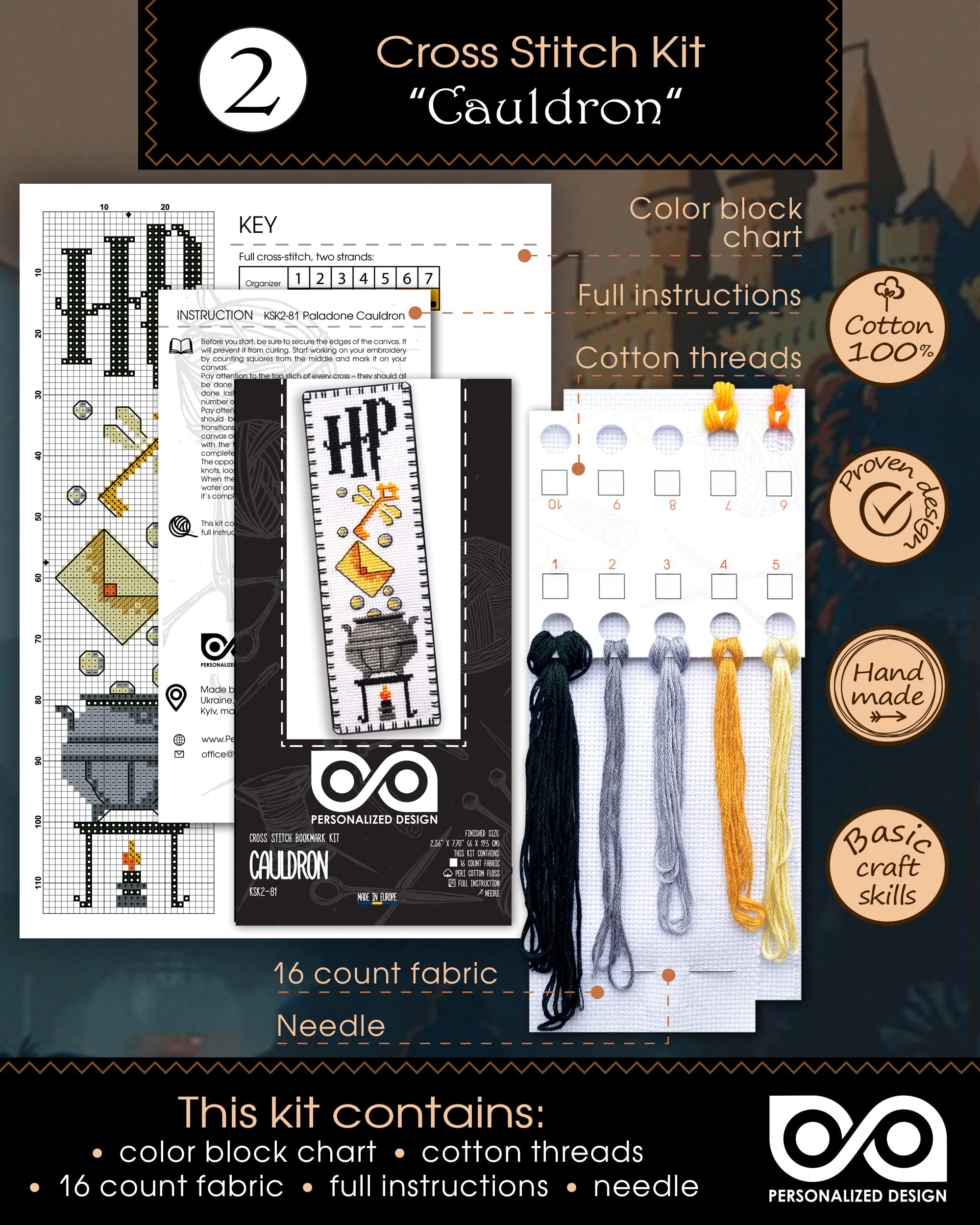 Personalized.Design Kit punto croce contato Magic World of Wizards – Segnalibri 7 in 1 fai da te ricamati a mano