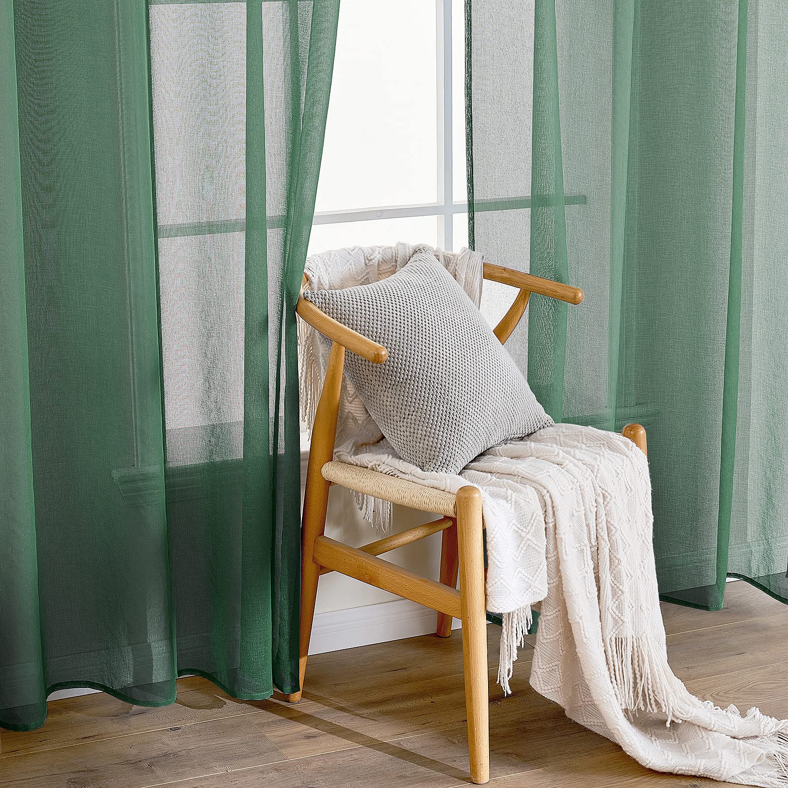 EMEMA 2 Panels Transparent Voile Curtains with Soft Eyelets Windows for Bedroom and Living Room Elegant Living Room 140 x 225 cm Dark Green - Image 3