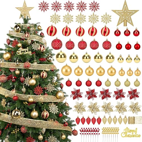 Bassion Juego de 89 adornos para árbol de Navidad, bolas de Navidad rojas y doradas inastillables, adornos de plástico con flor de pascua y adorno